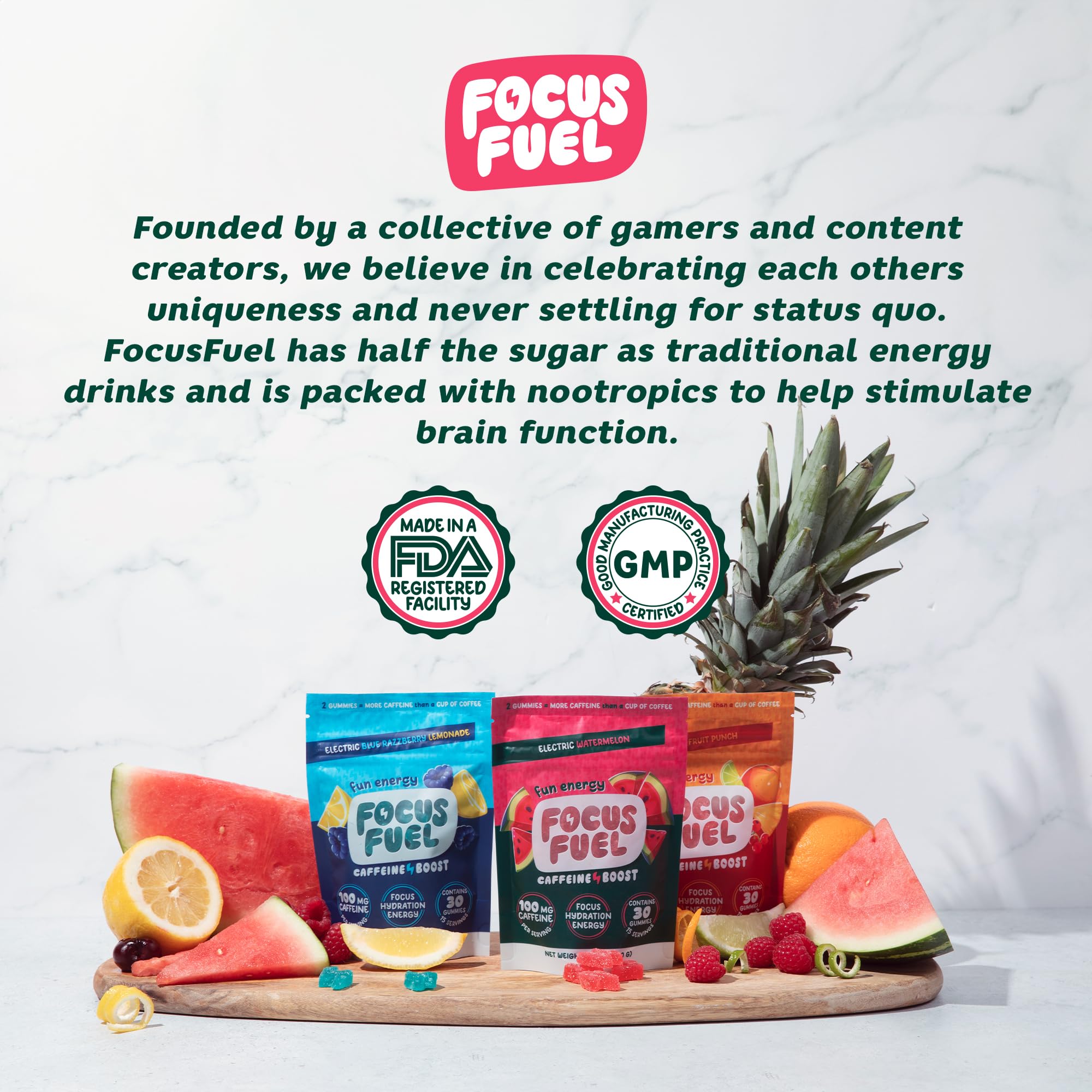 Empaque de FocusFuel con información de sabor sandía y porciones
