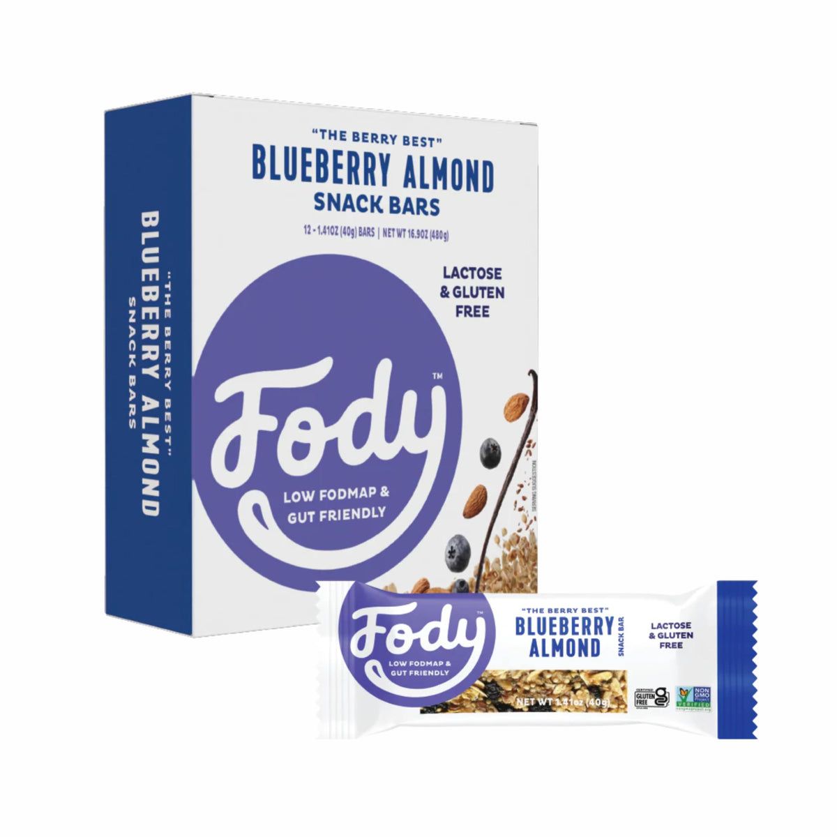 Barras Fody Blueberry Almond en empaque práctico para llevar