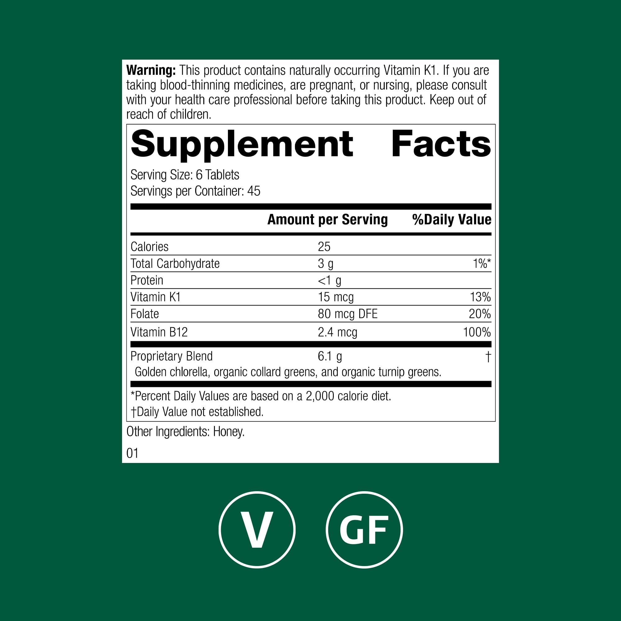 Standard Process Folato de Alimentos Enteros: etiqueta frontal con información nutricional.