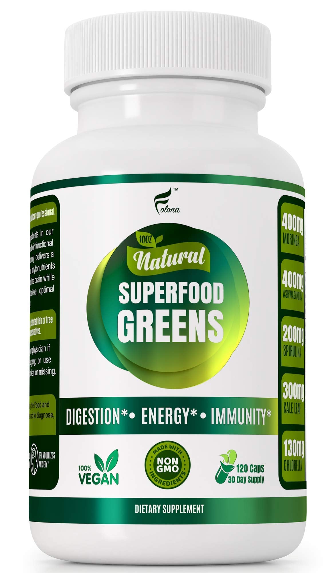 Folona Super Greens cápsulas con ashwagandha para energía sostenida.