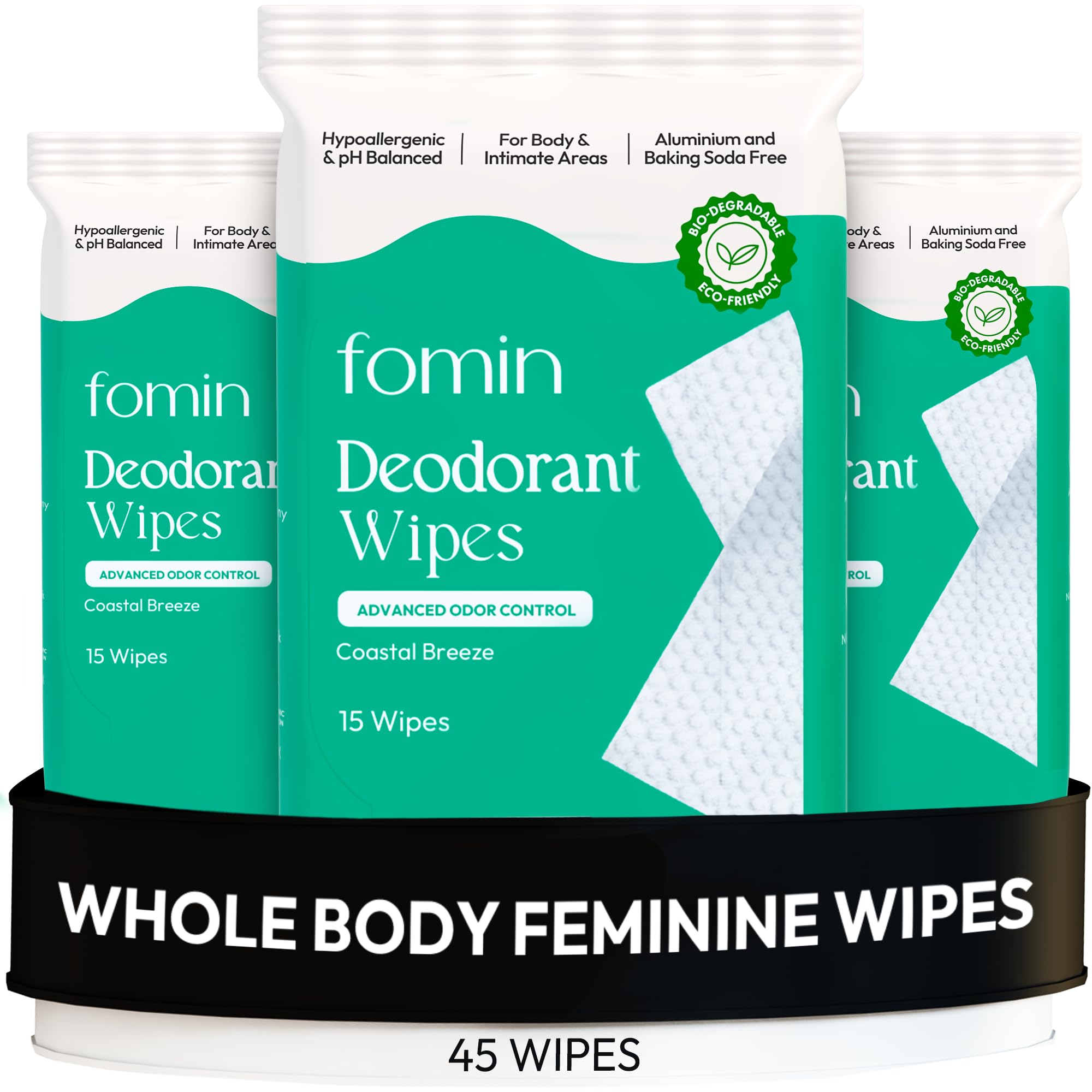 Toallitas FOMIN Acidificadas Coastal Breeze para control de olor diario.