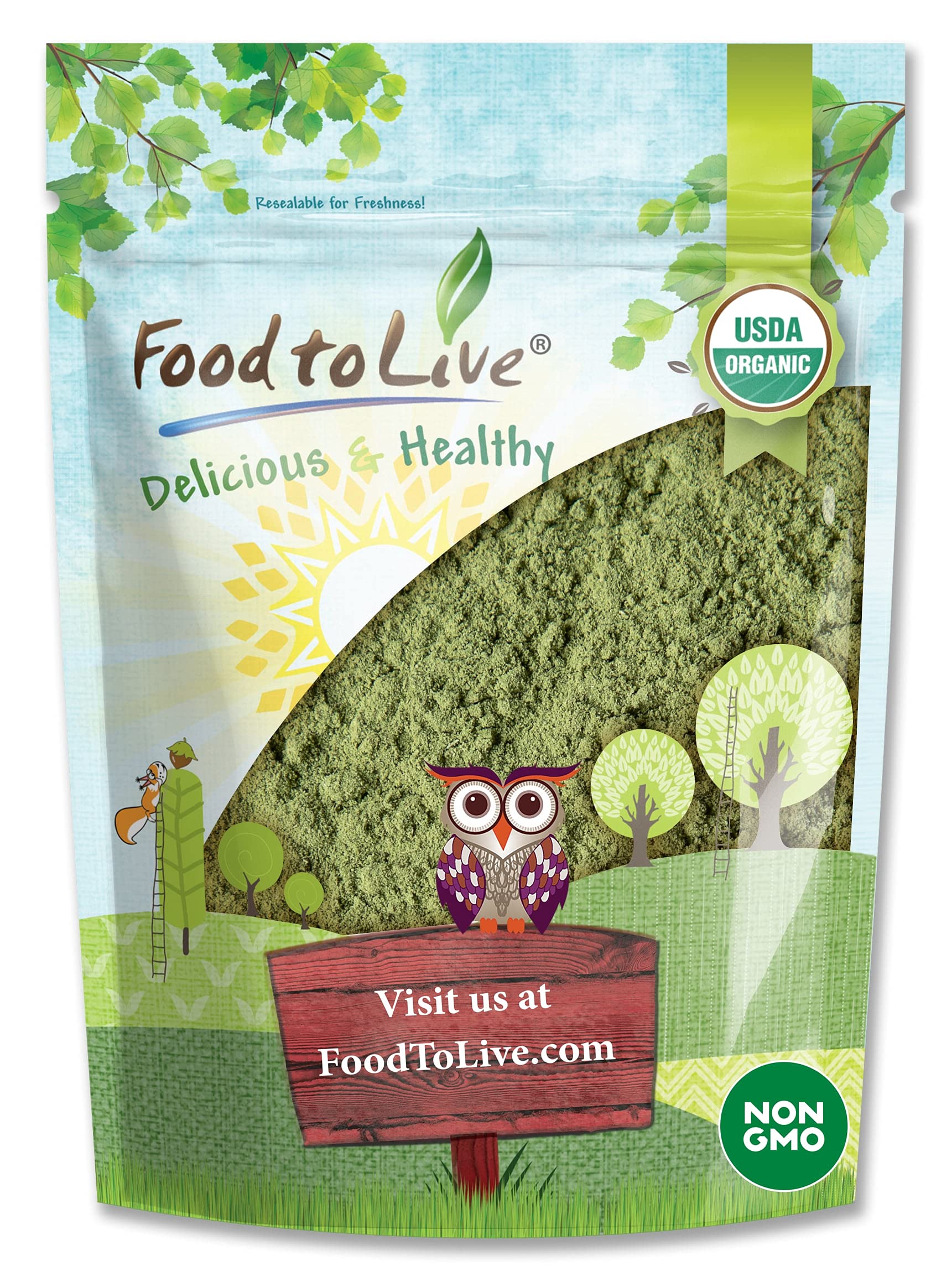 Food to Live Polvo de Alfalfa: hojas jóvenes, perfecto para batidos y jugos.