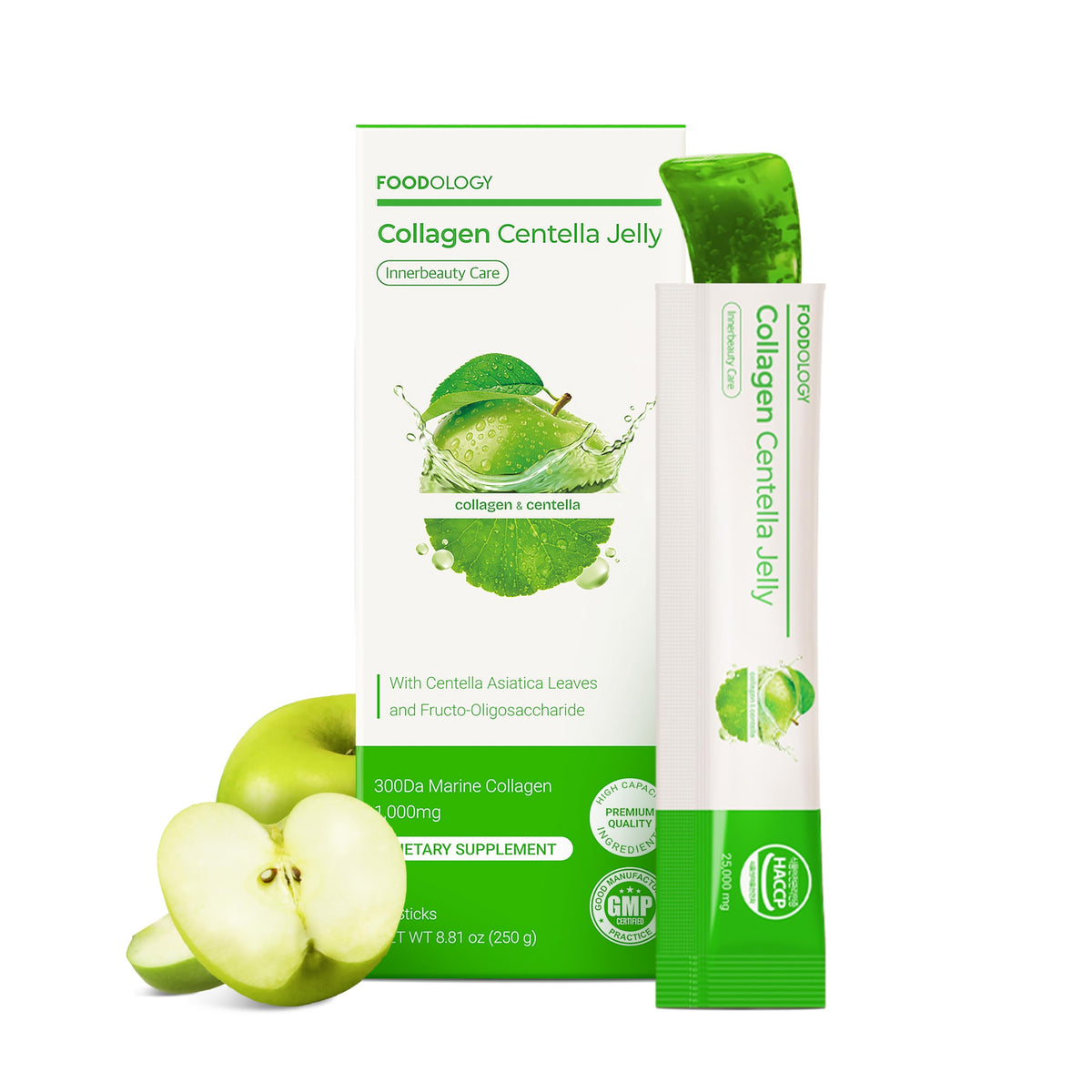 FOODOLOGY Colágeno Centella Gelatina Manzana Verde en frasco para uso diario.