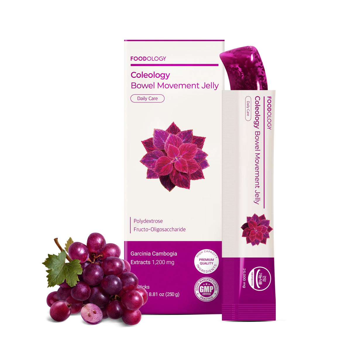 FOODOLOGY Coleology Jalea morada con empaque práctico para consumo diario.