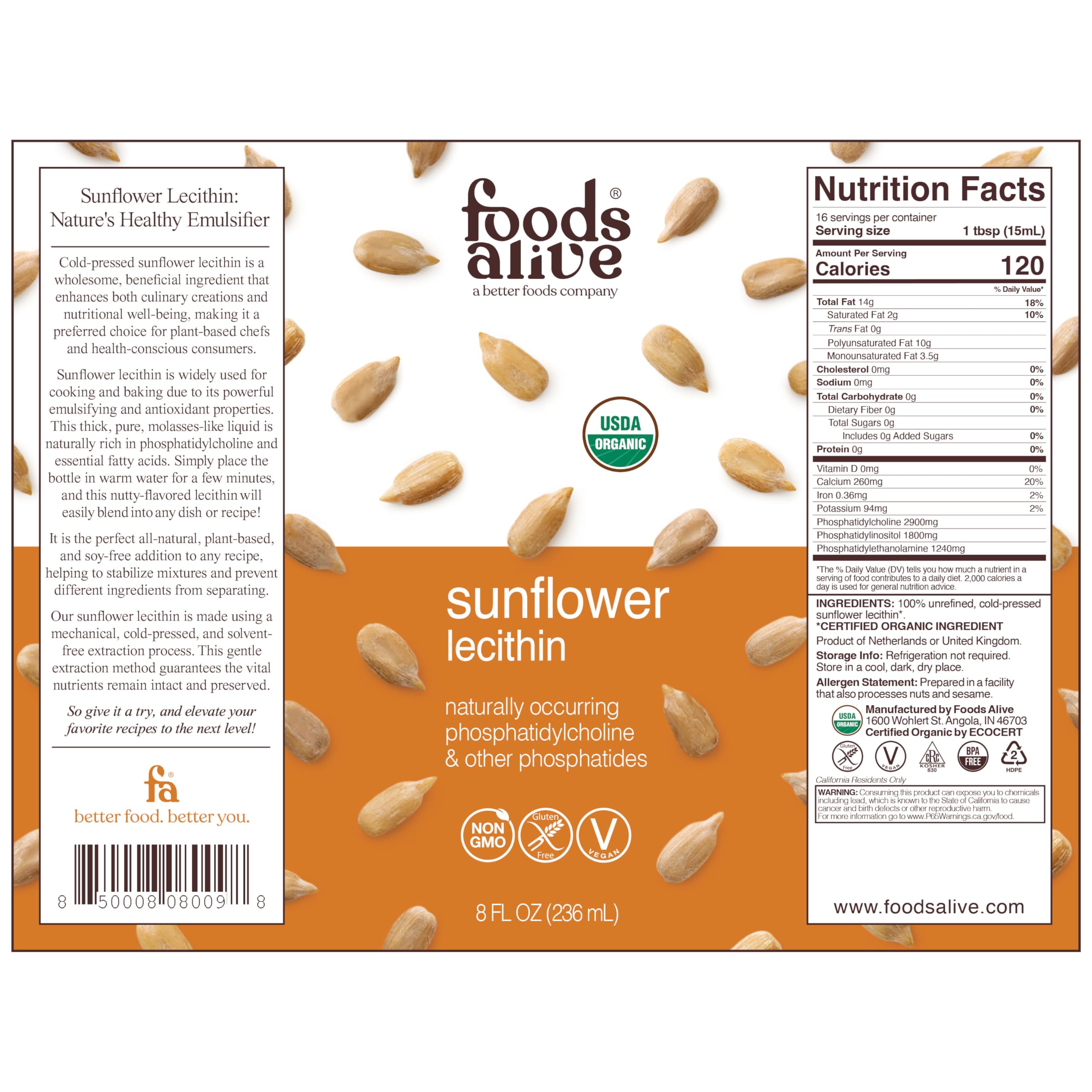 Foods Alive Lecitina de Girasol Orgánica Líquida vertida para mezclar bebidas y recetas