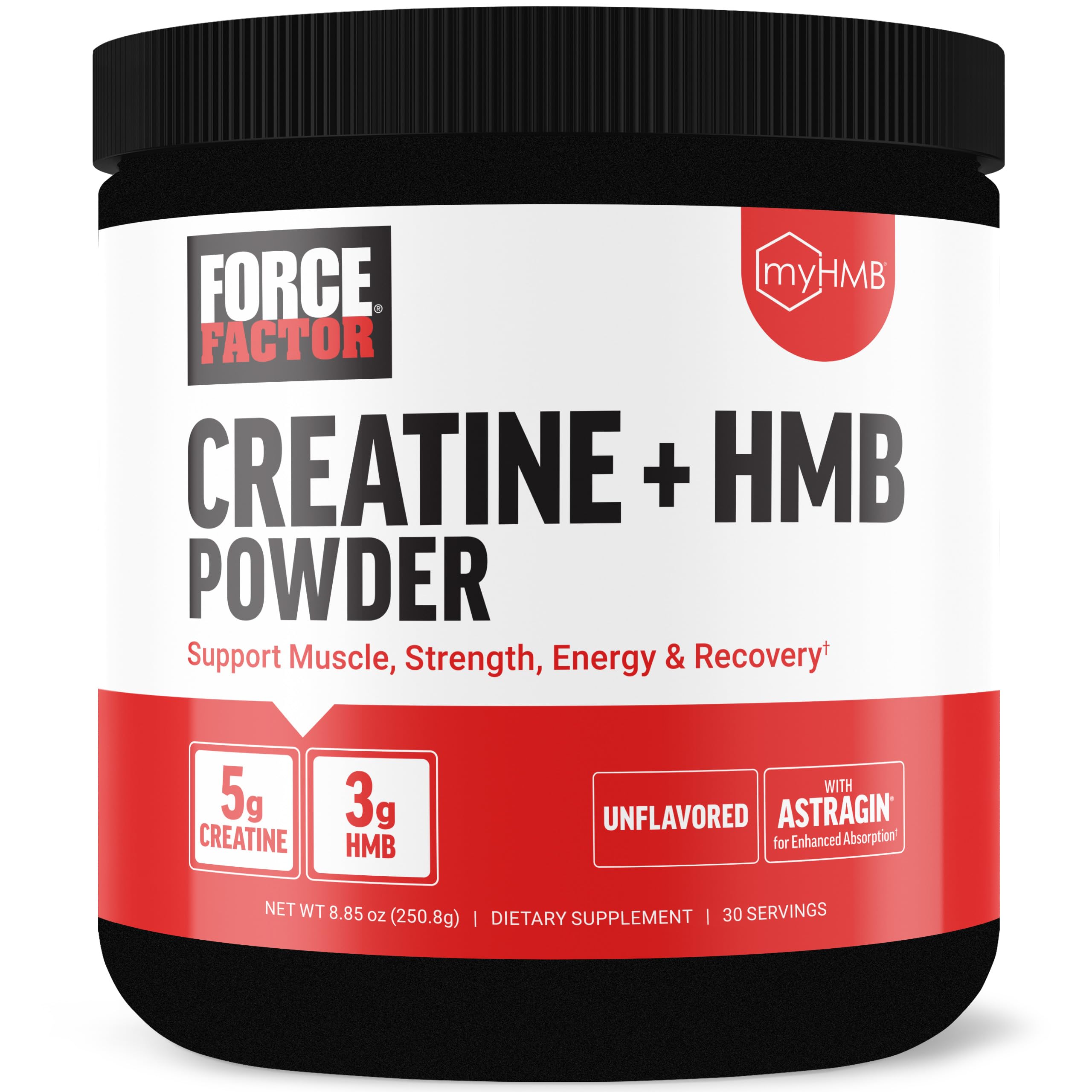 Force Factor creatina HMB, polvo sin sabor en bote, listo para mezclar.