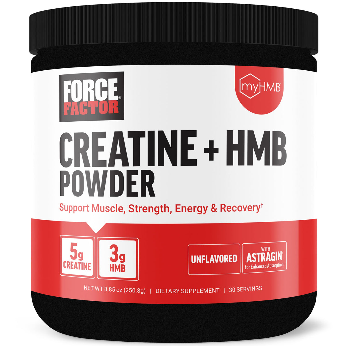 Force Factor creatina HMB, polvo sin sabor en bote, listo para mezclar.