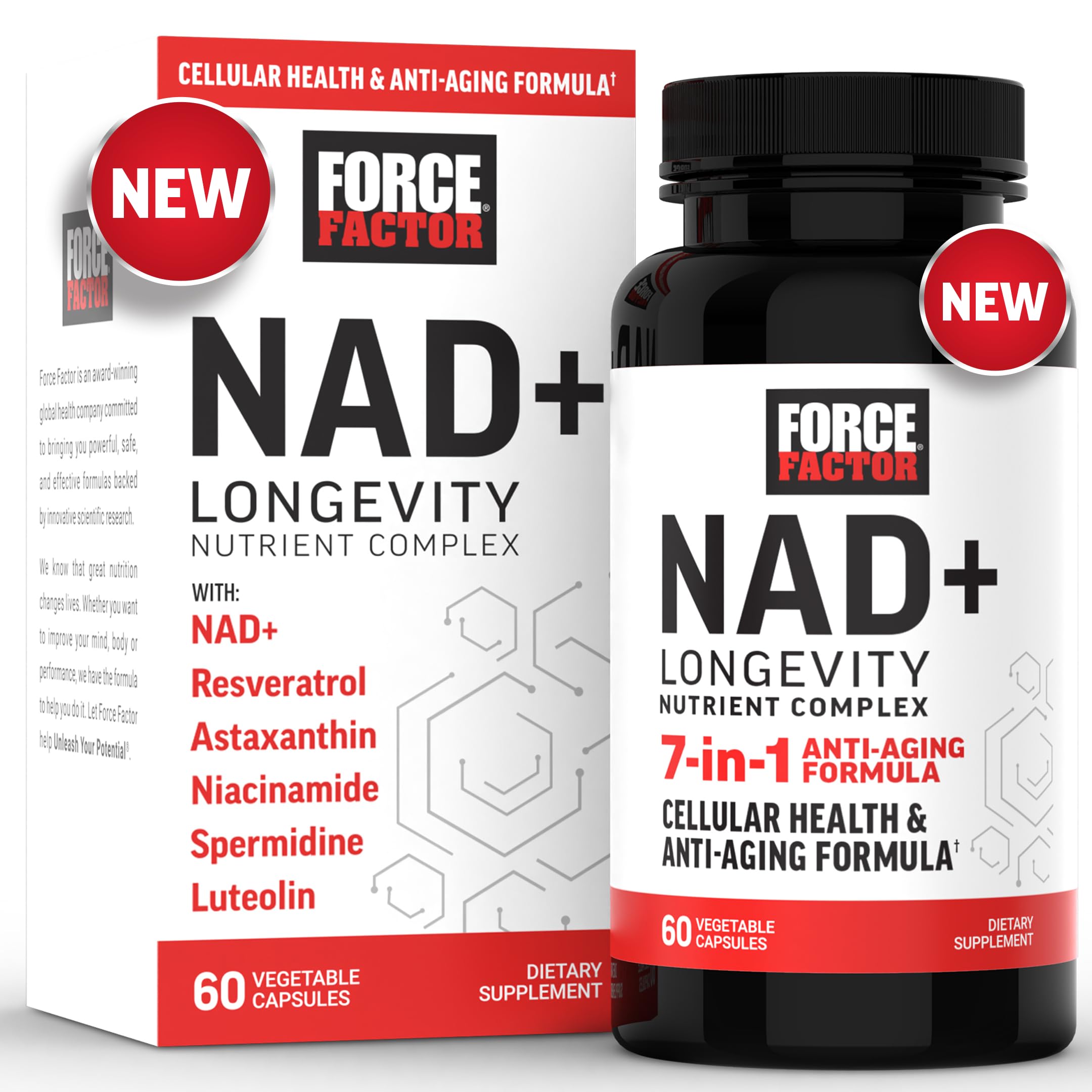 Force Factor NAD+ en bote, soporte antioxidante para energía diaria