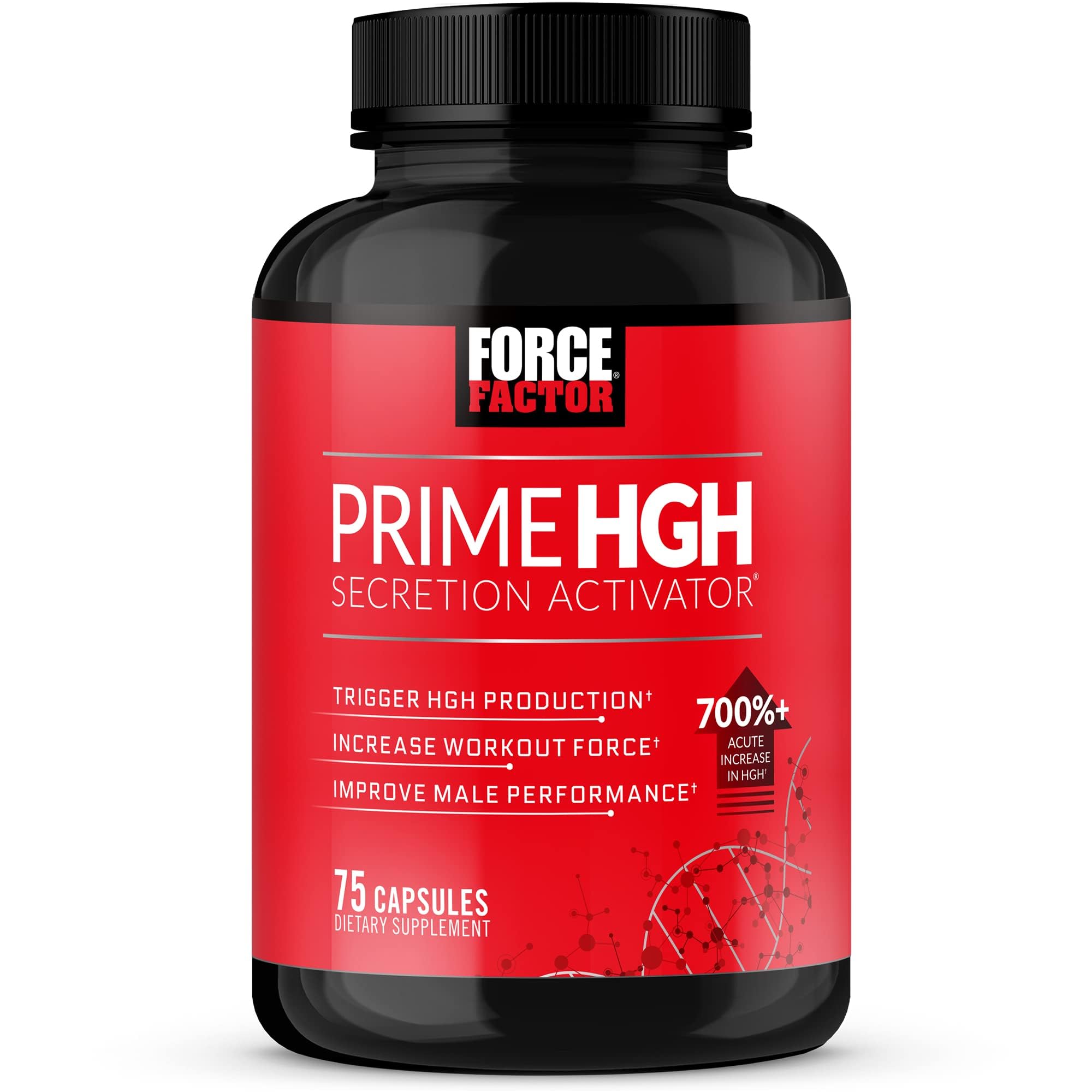 Force Factor Prime HGH, botella frente, posible impulso durante entrenamientos intensos