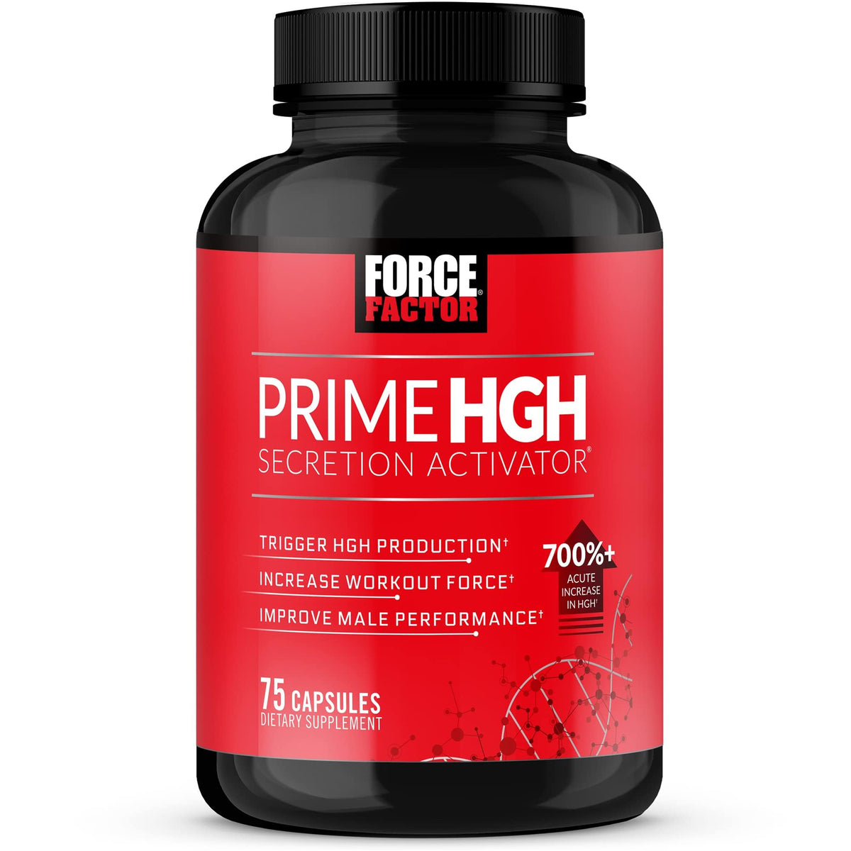 Force Factor Prime HGH, botella frente, posible impulso durante entrenamientos intensos