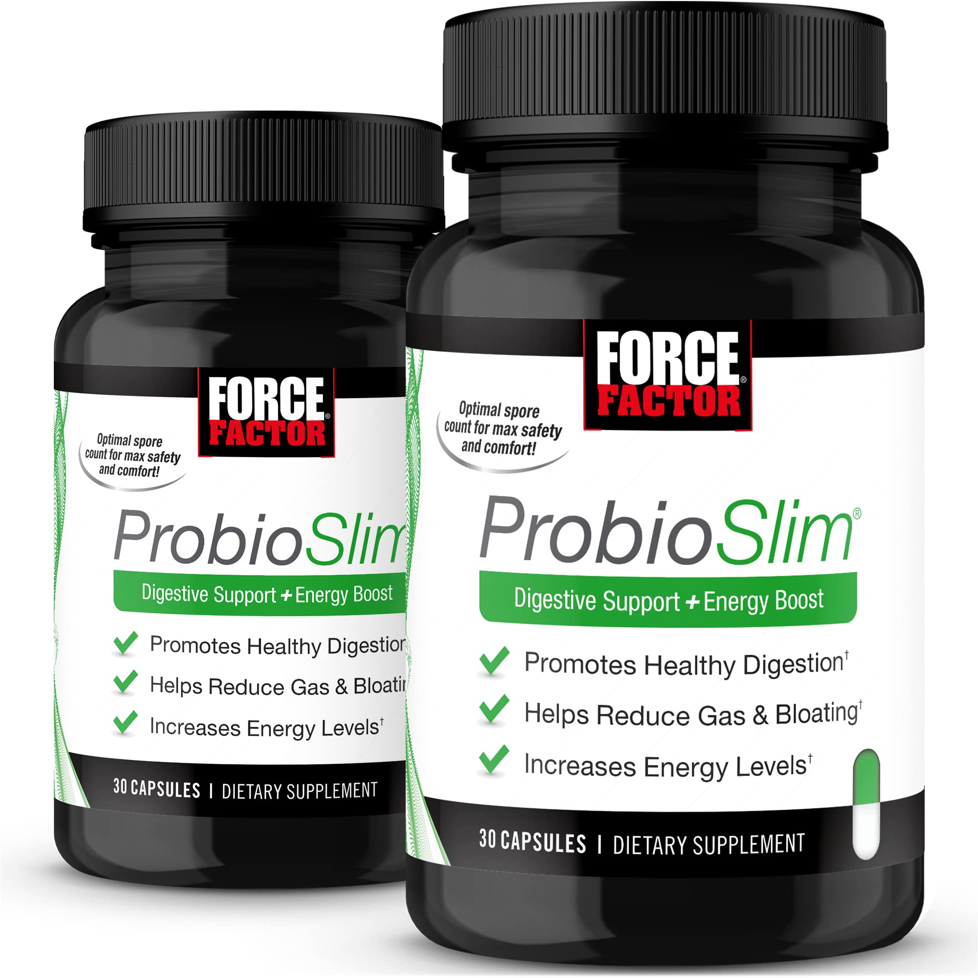 ProbioSlim Force Factor, botella doble frontal, impulso diario para digestión equilibrada.