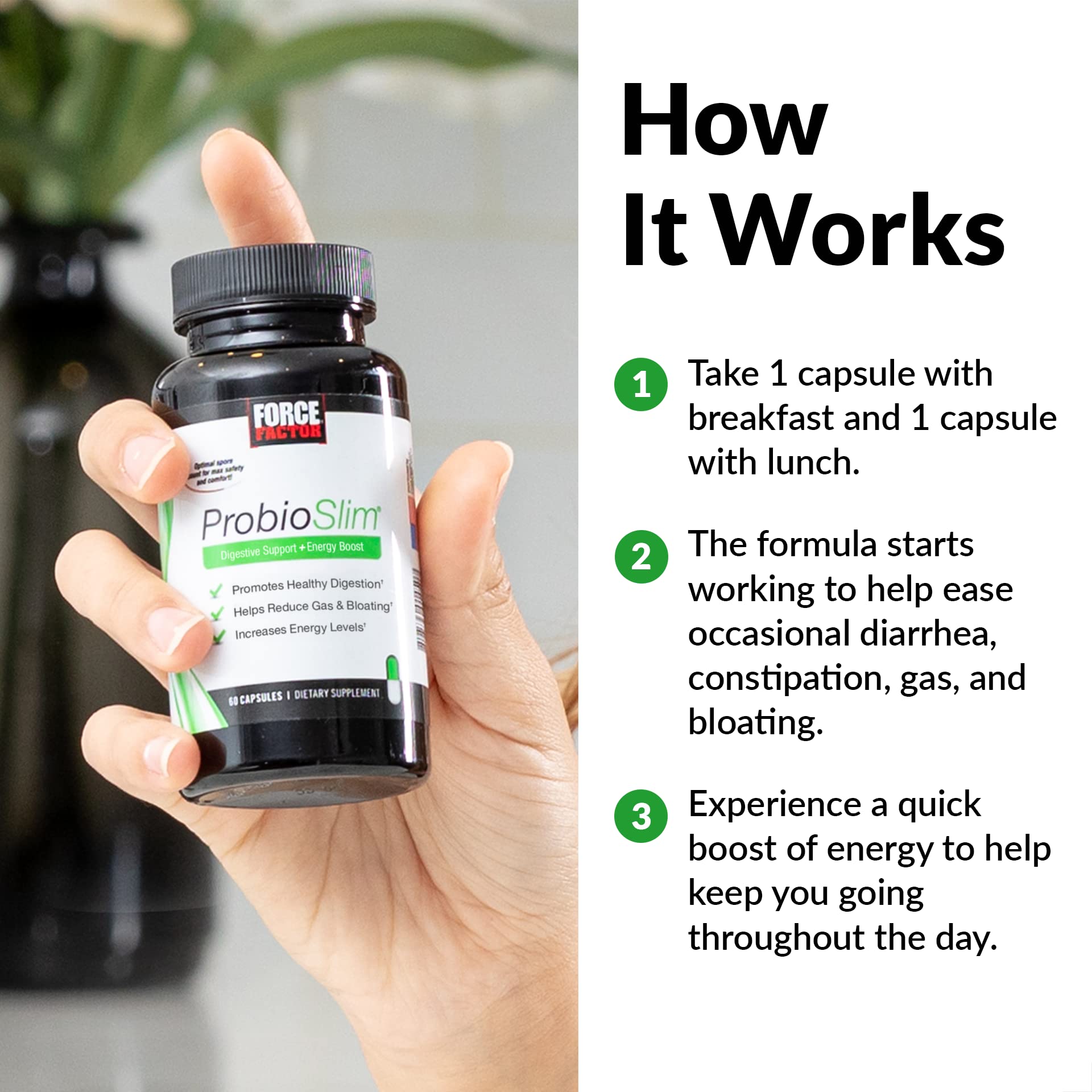 ProbioSlim Force Factor, enfoque de té verde, energía natural para la jornada.
