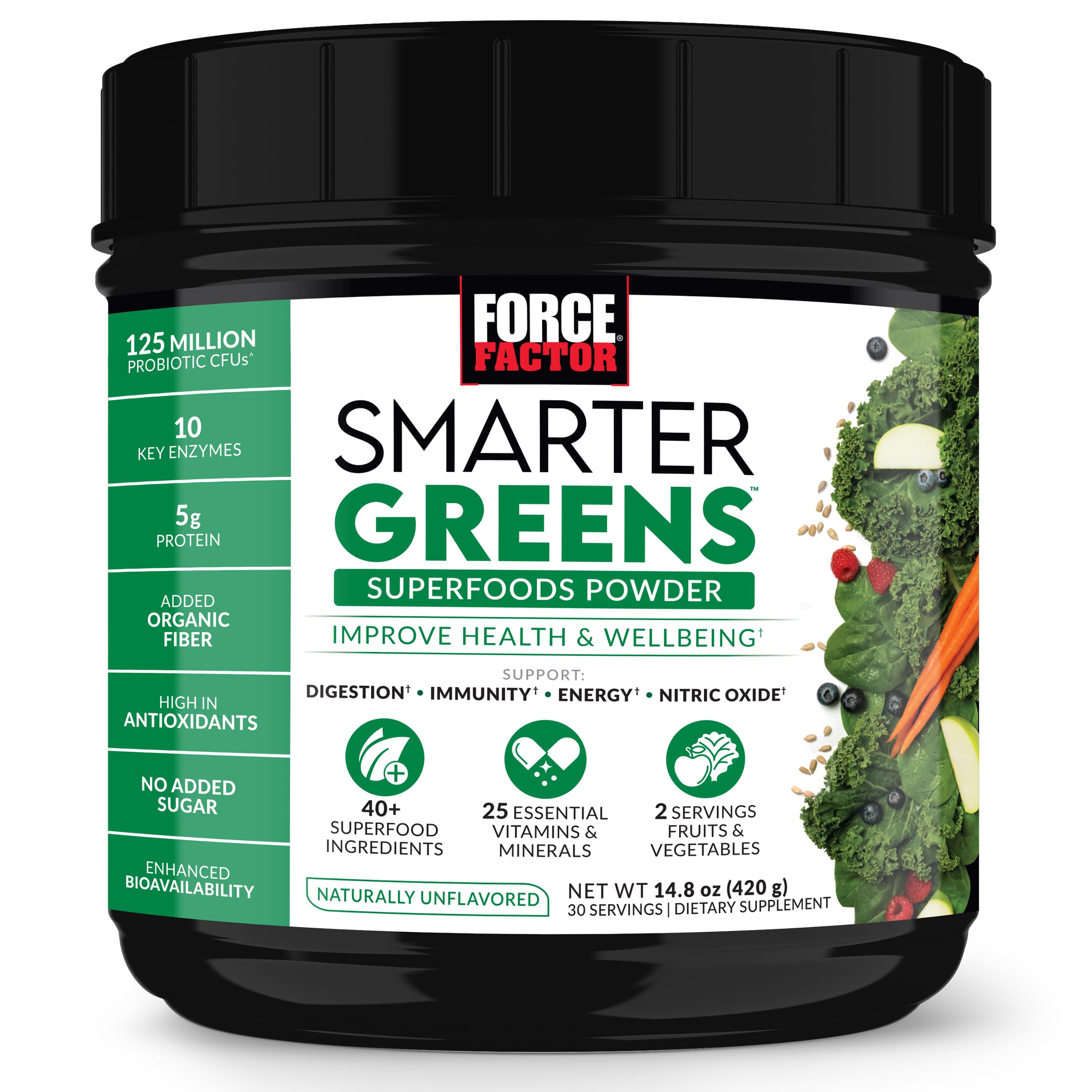Force Factor Smarter Greens, polvo en vaso, impulso de energía para el día