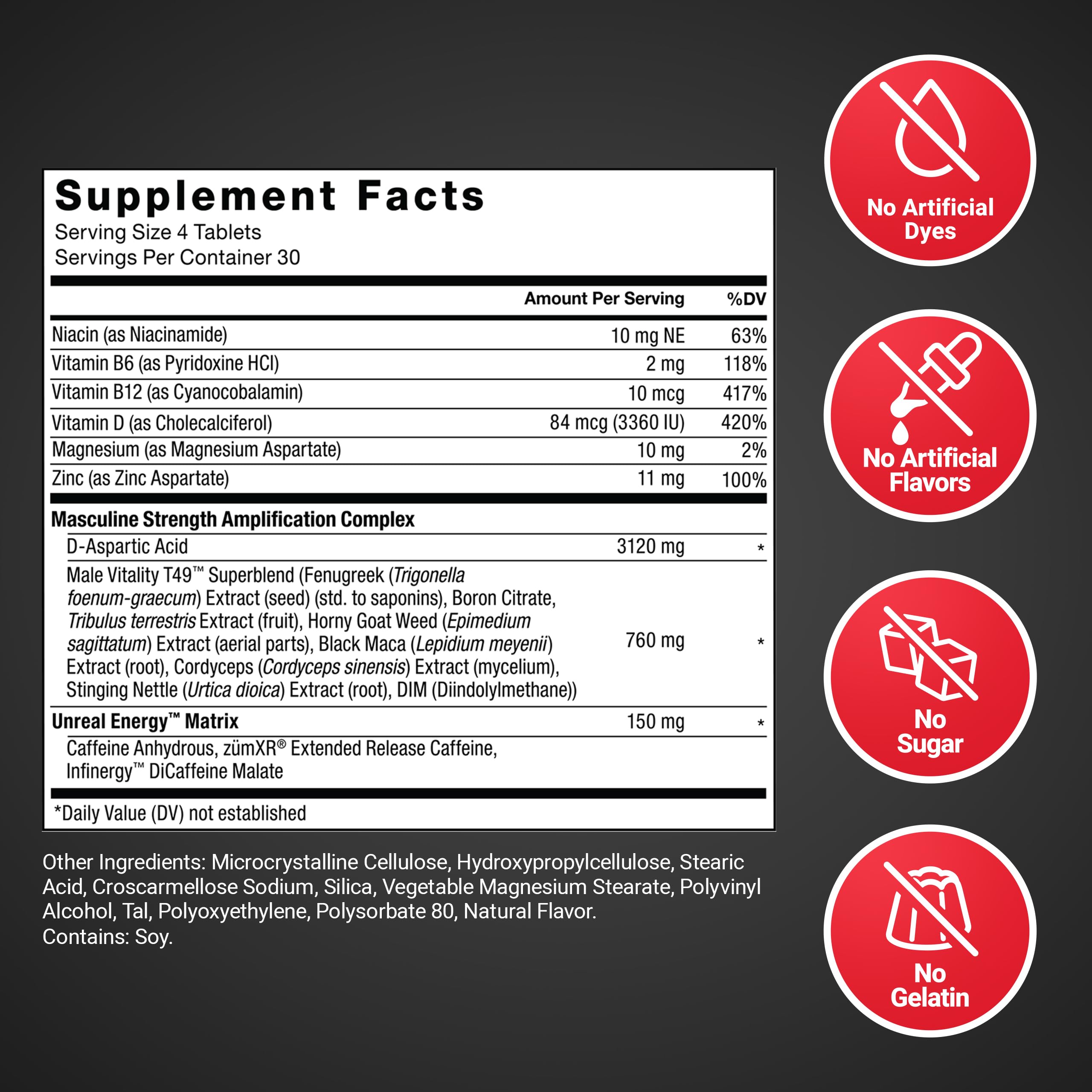Force Factor Test X180 Boost: vitaminas y minerales clave visibles en la etiqueta.