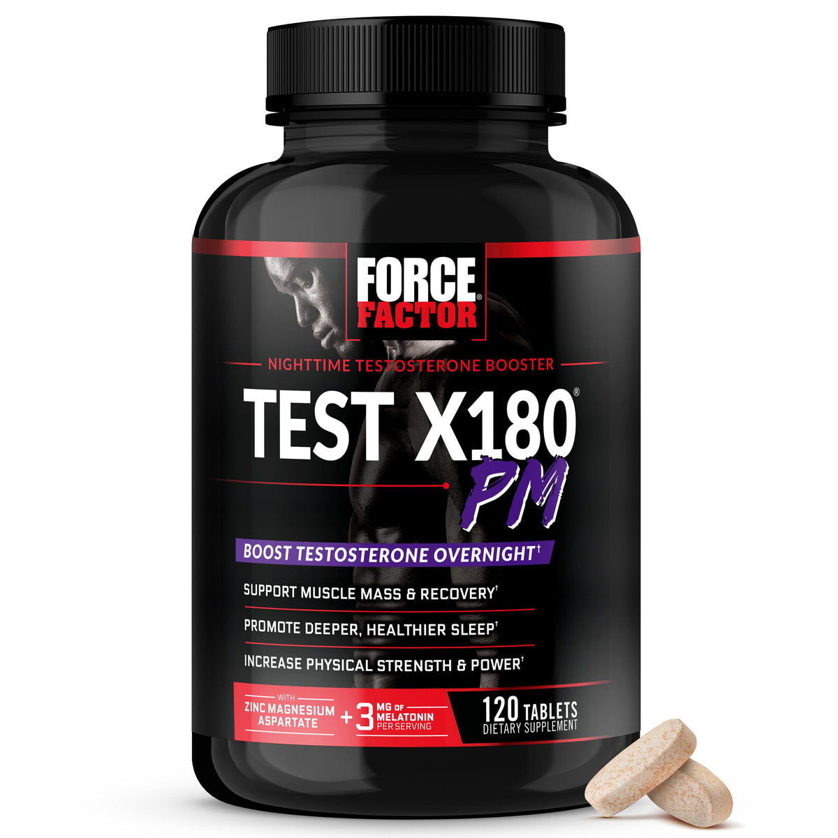 Force Factor Test X180 PM botella mostrando la fórmula nocturna para la vitalidad masculina.