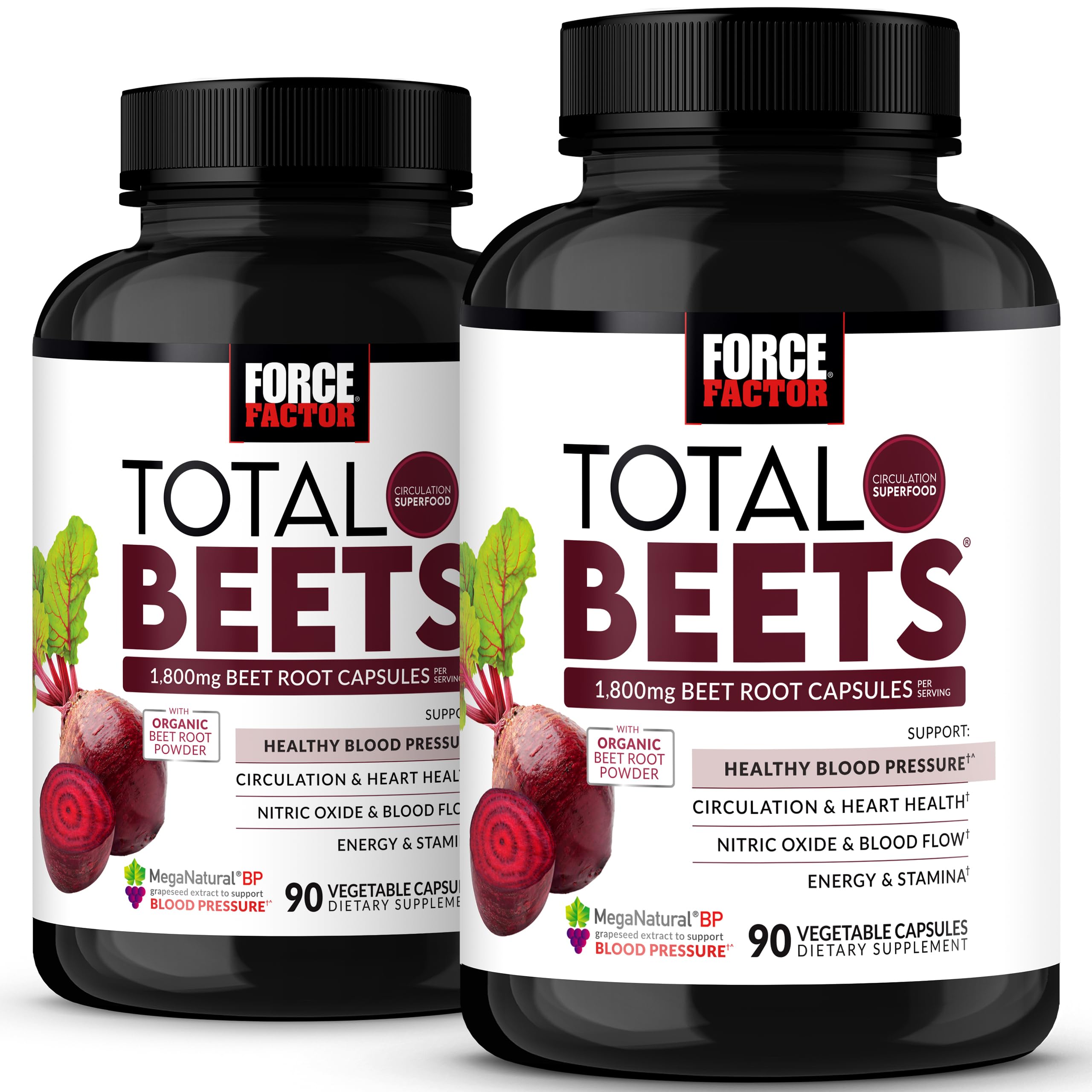 Force Factor Total Beets: botella y cápsulas, apoyo posible a la circulación diaria.