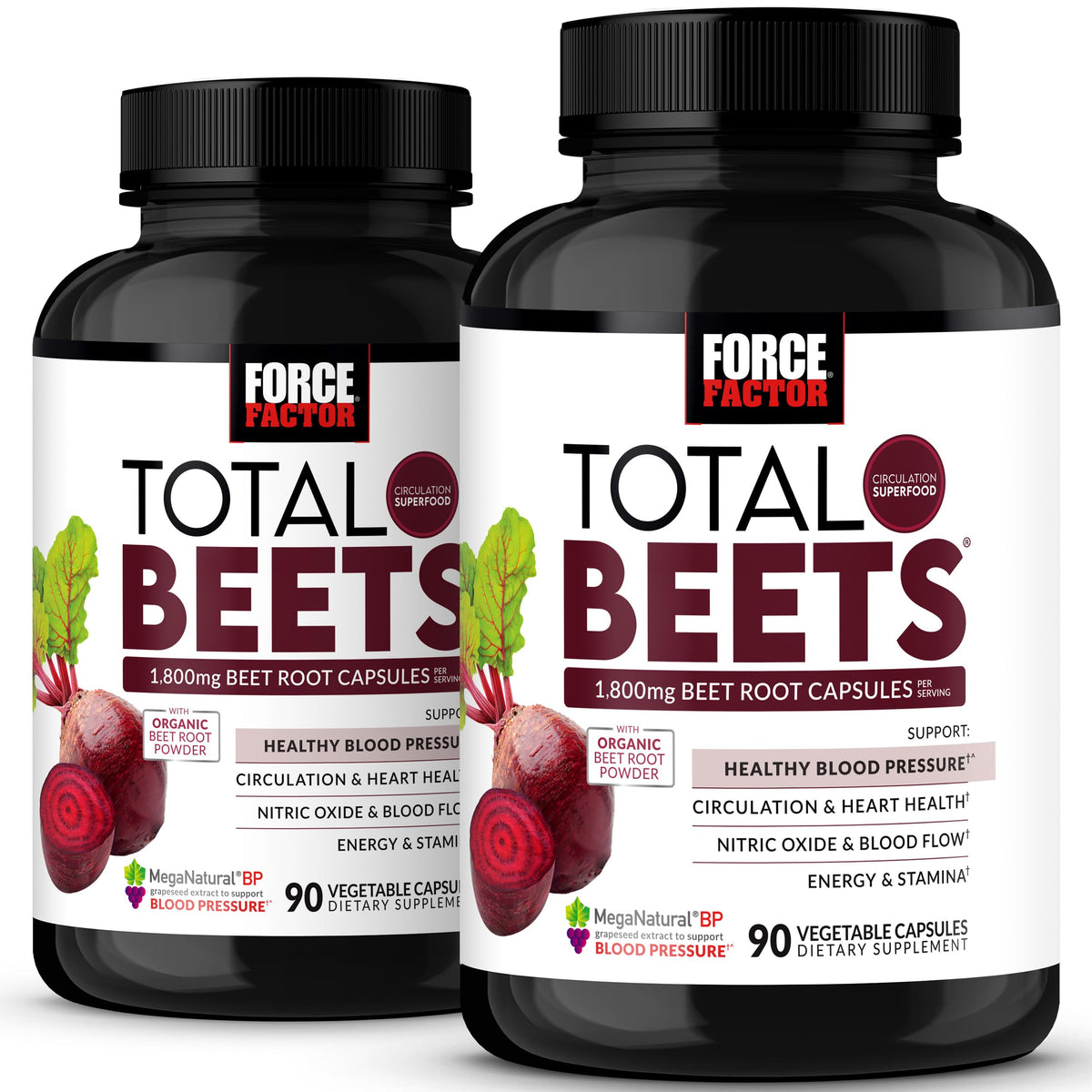 Force Factor Total Beets: botella y cápsulas, apoyo posible a la circulación diaria.