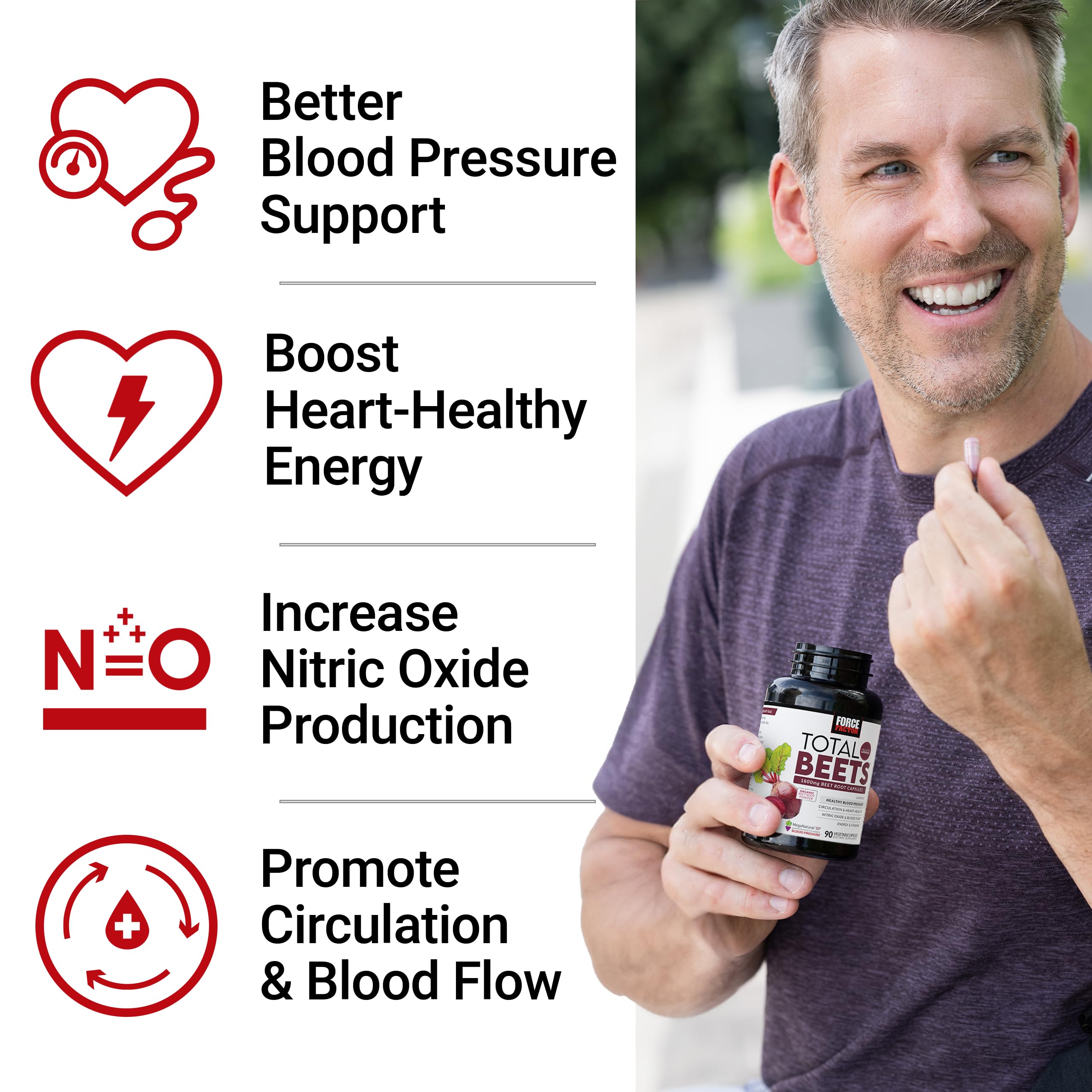 Force Factor Total Beets, cápsulas cercanas, beneficio potencial para la salud cardiovascular.