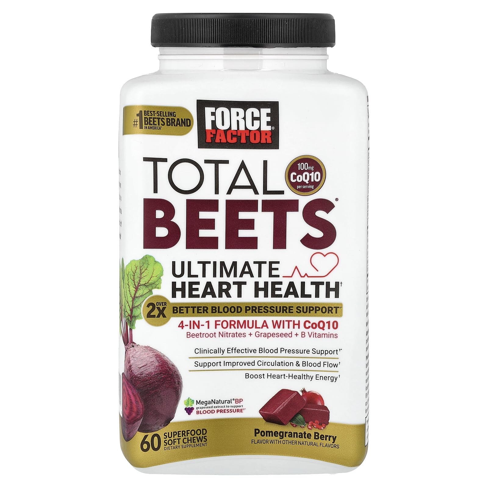 Force Factor Total Beets con extracto de semilla de uva para presión arterial estable.