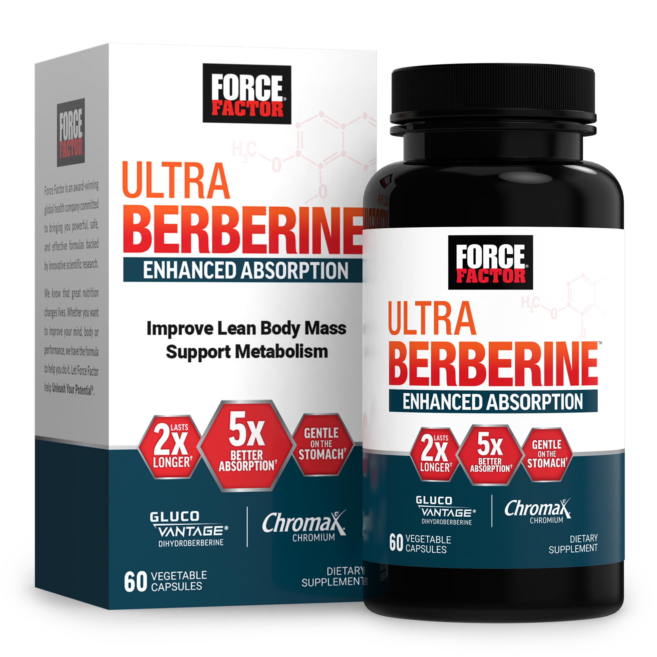 Cápsulas de Force Factor Ultra Berberine con absorción mejorada para uso diario