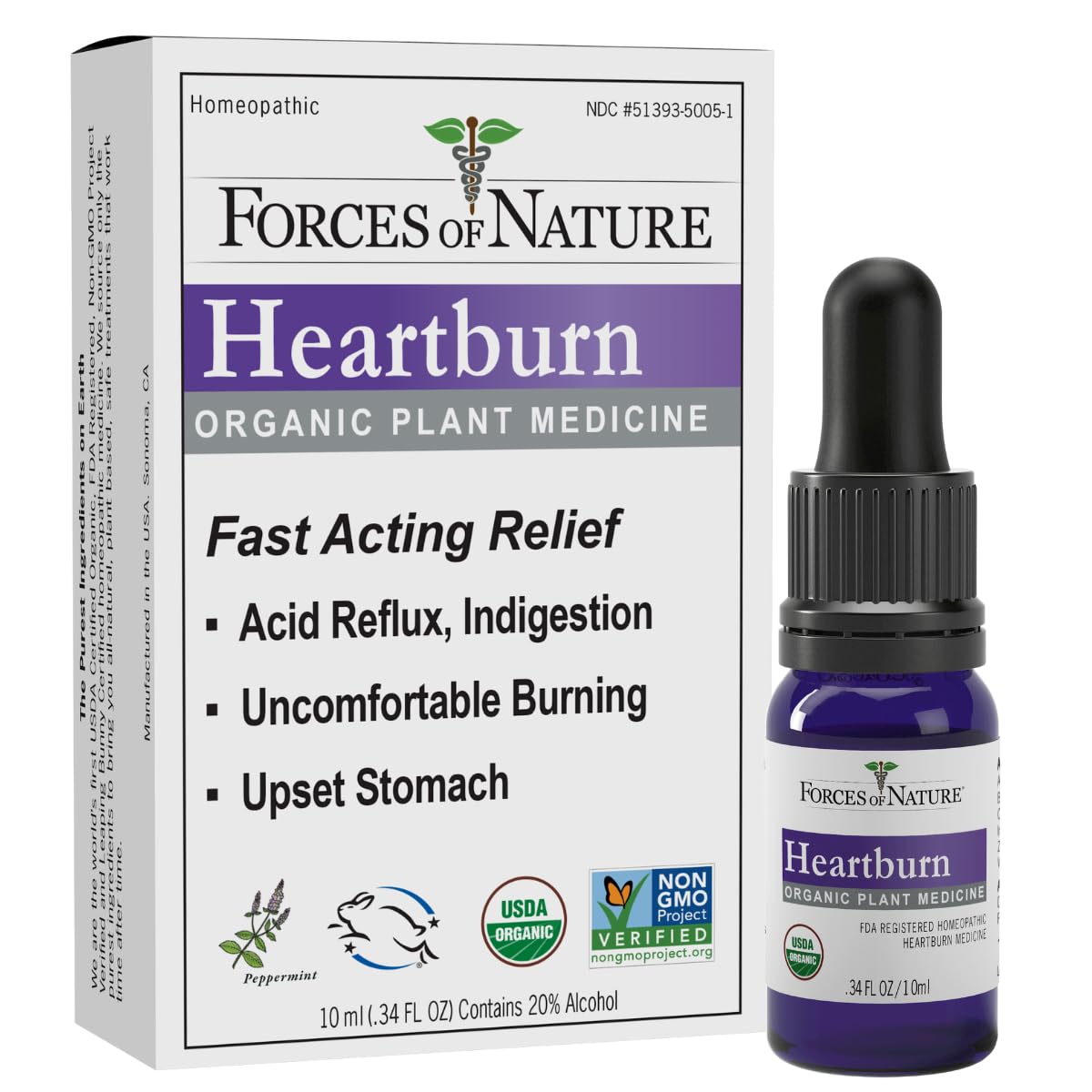 Forces Of Nature Heartburn, botella frontal: ingrediente premium para tus recetas.