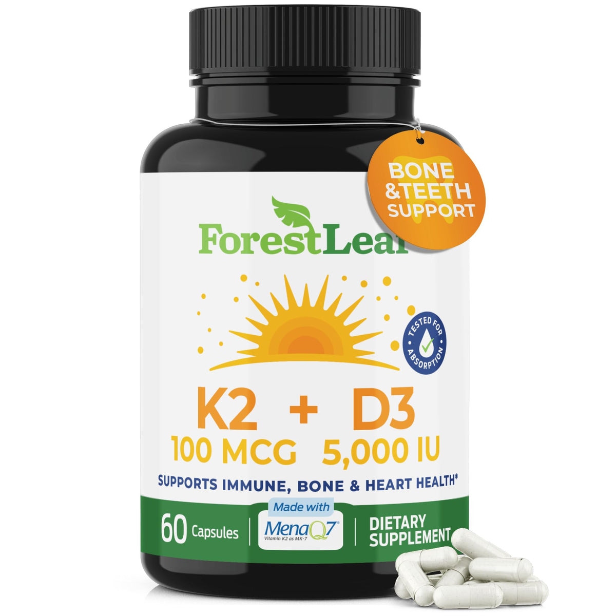 ForestLeaf D3+K2 MK7 en botella, mejora la absorción de calcio.
