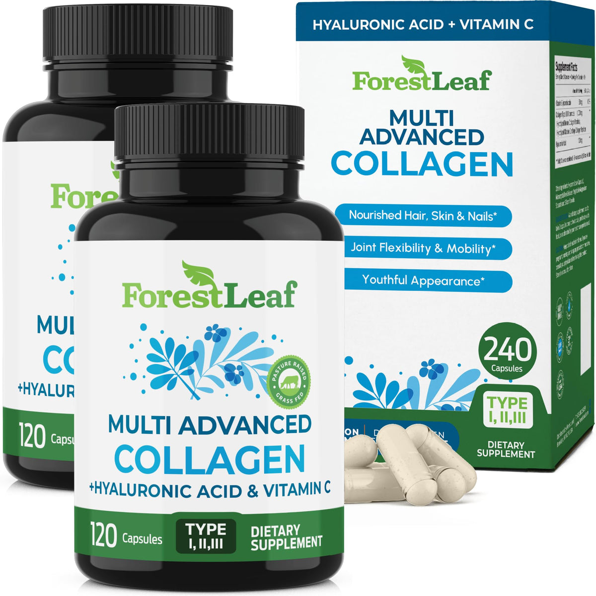 ForestLeaf Colágeno Multi en botella, apoyo a piel, cabello y uñas.