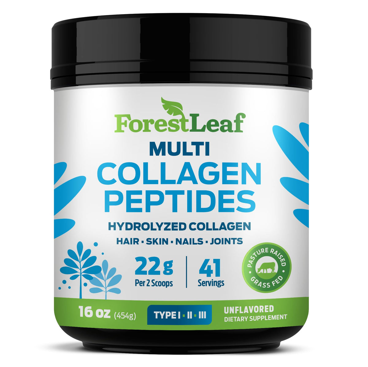 ForestLeaf Colágeno Péptidos: botella visible para cuidado de piel y cabello.