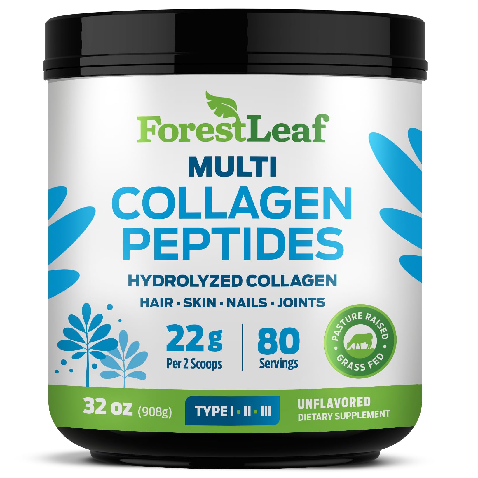 ForestLeaf Colágeno en polvo sin sabor en bote para piel y cabello.