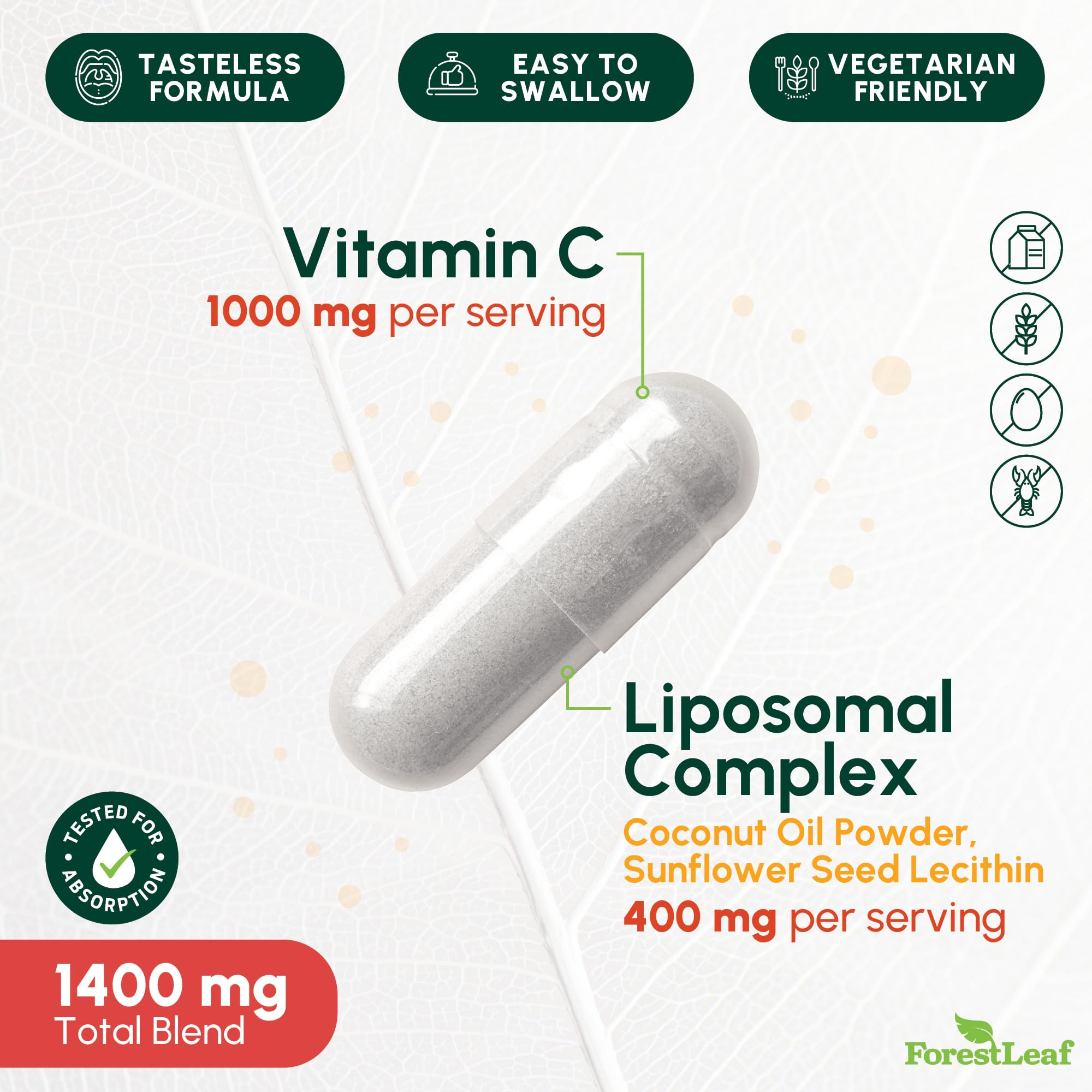 ForestLeaf Liposomal Vitamina C 1400mg, cápsulas, absorción potencial mejorada