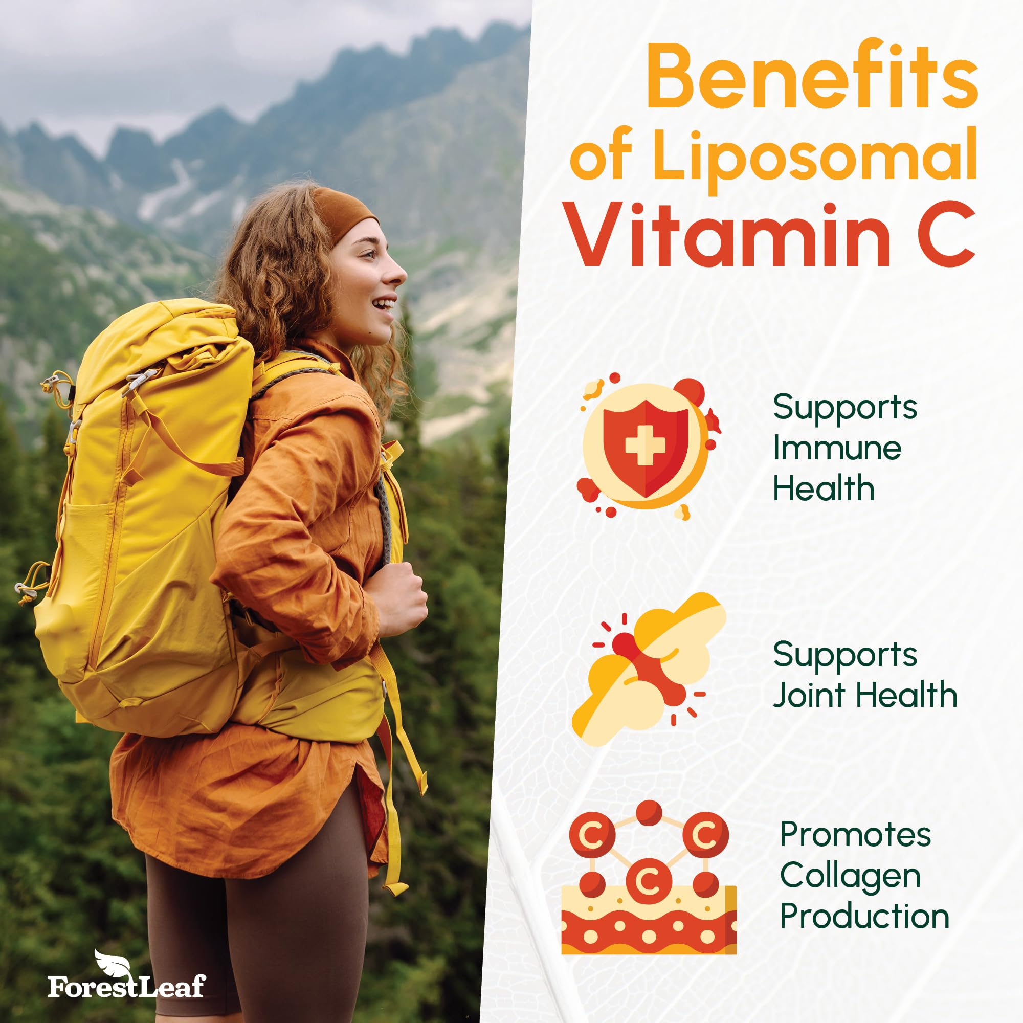 ForestLeaf Liposomal Vitamina C 1400mg, etiqueta, información clara de ingredientes