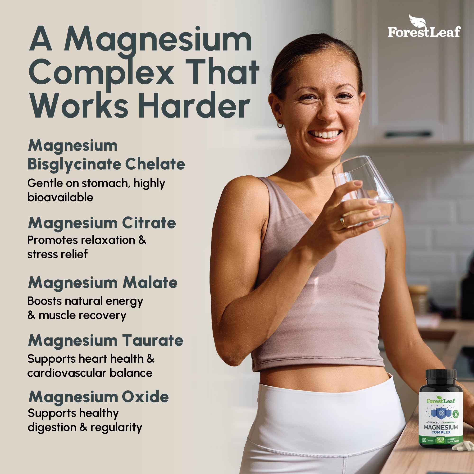 ForestLeaf Magnesio en bote, cápsulas 500 mg para músculos y energía suave