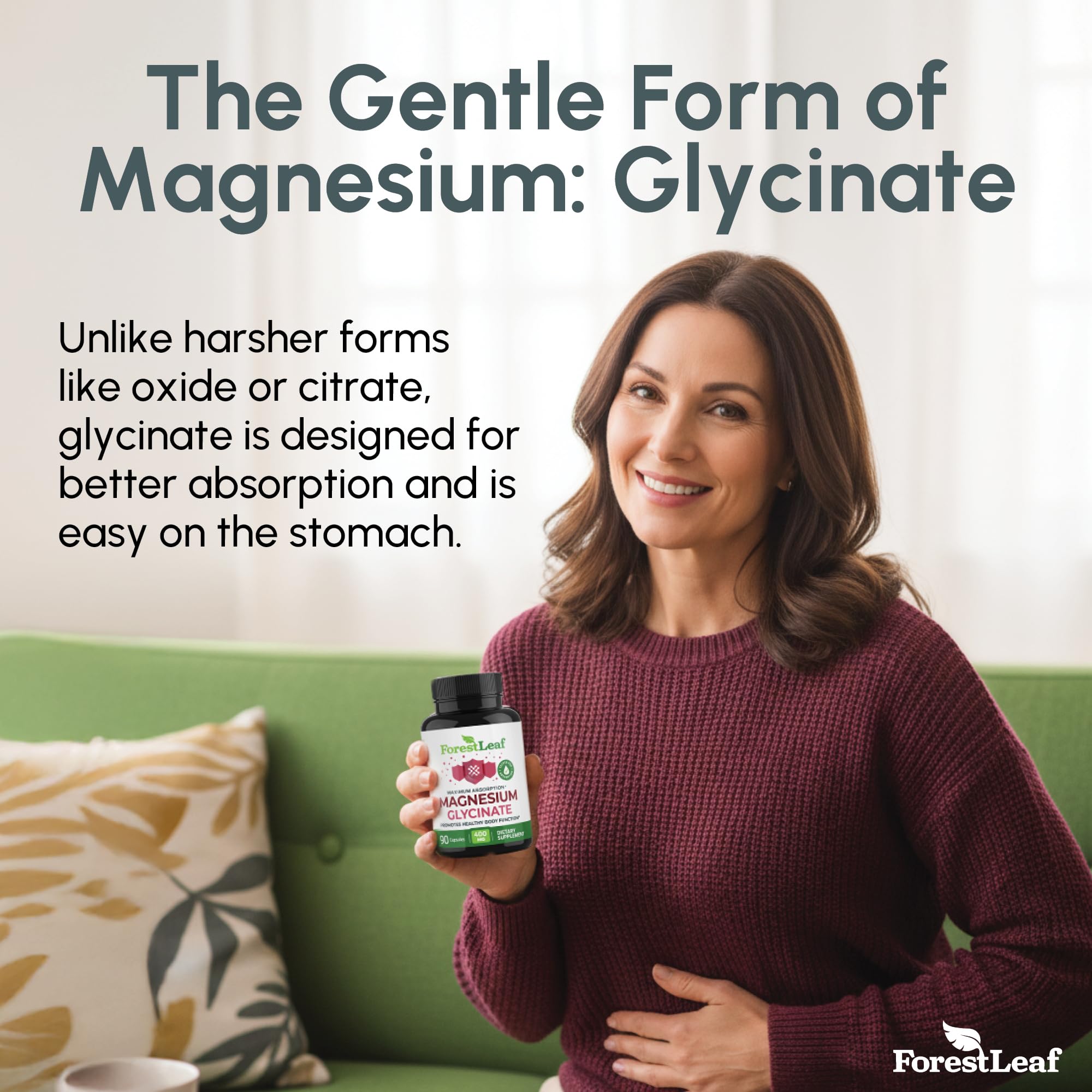 ForestLeaf magnesio glicinato: cápsulas en primer plano para soporte nervioso y muscular.