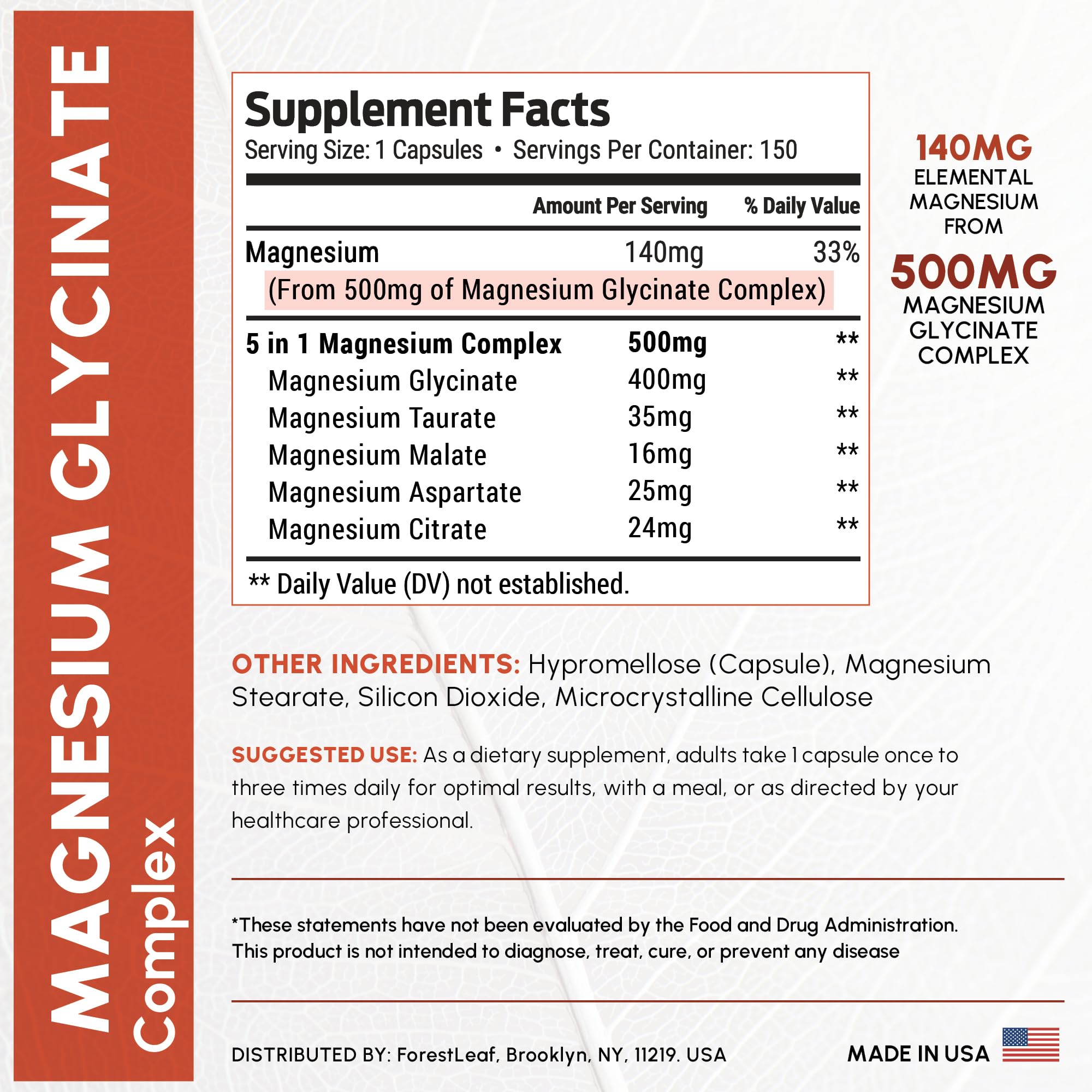 ForestLeaf glicinato de magnesio 500 mg uso nocturno junto a la cama