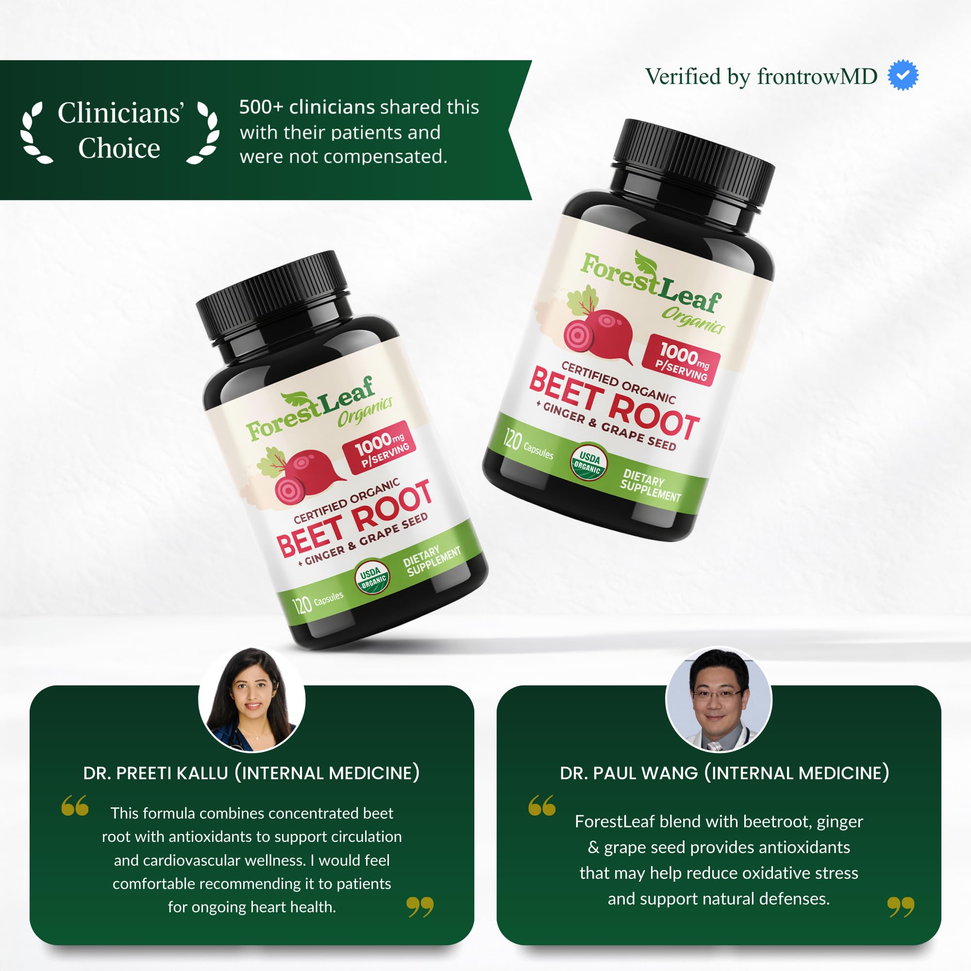 ForestLeaf remolacha 20:1 cápsulas, etiqueta USDA Orgánico para confianza.
