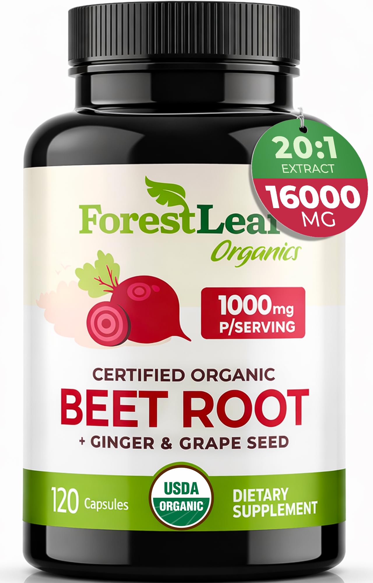 ForestLeaf remolacha orgánica 20:1 cápsulas, impulso diario de nutrientes.
