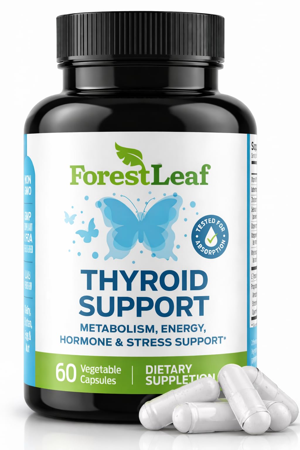 ForestLeaf Thyroid Support: botella con yodo para apoyar la salud tiroidea y la energía diaria.