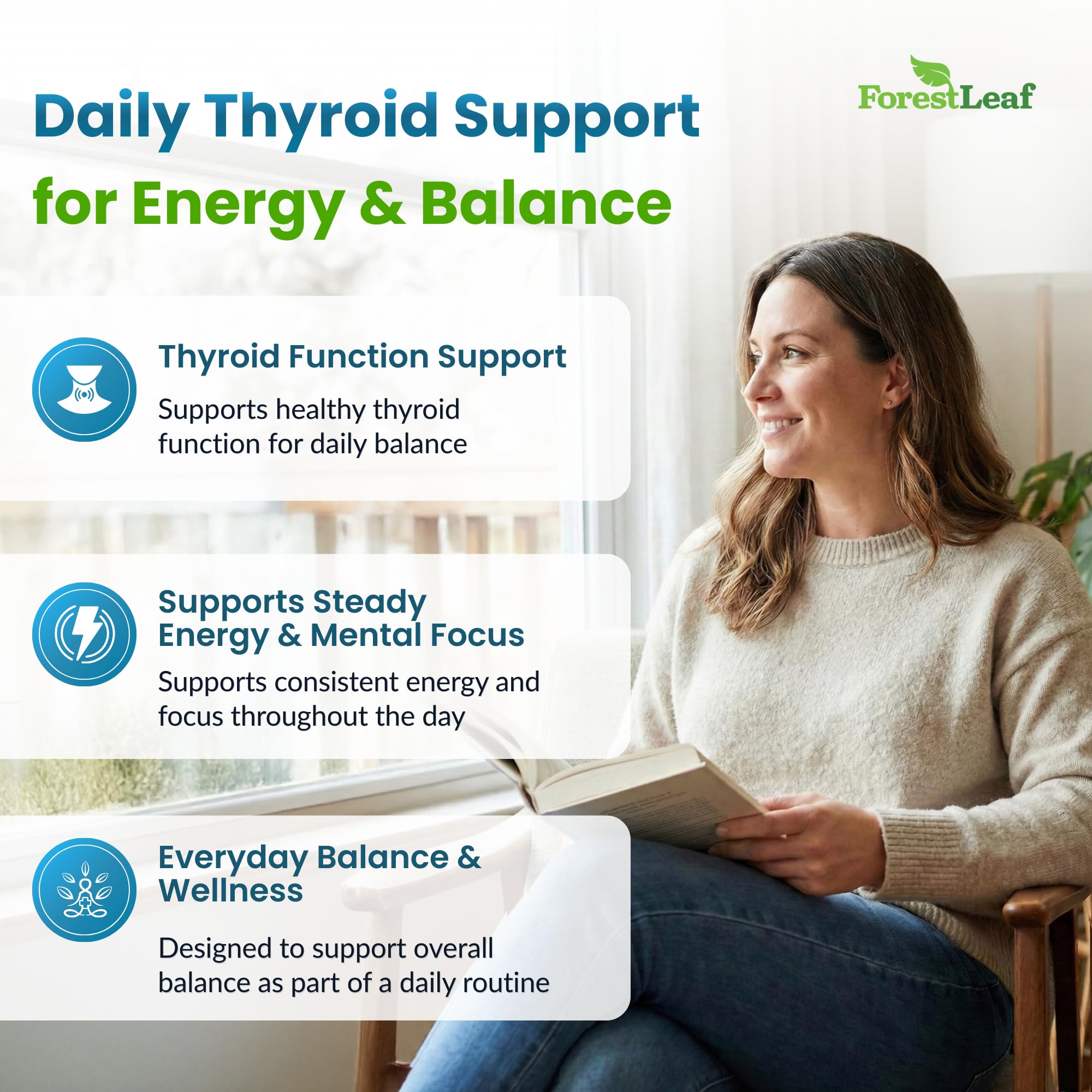 ForestLeaf Thyroid Support: tabletas con zinc y selenio para metabolismo y bienestar.