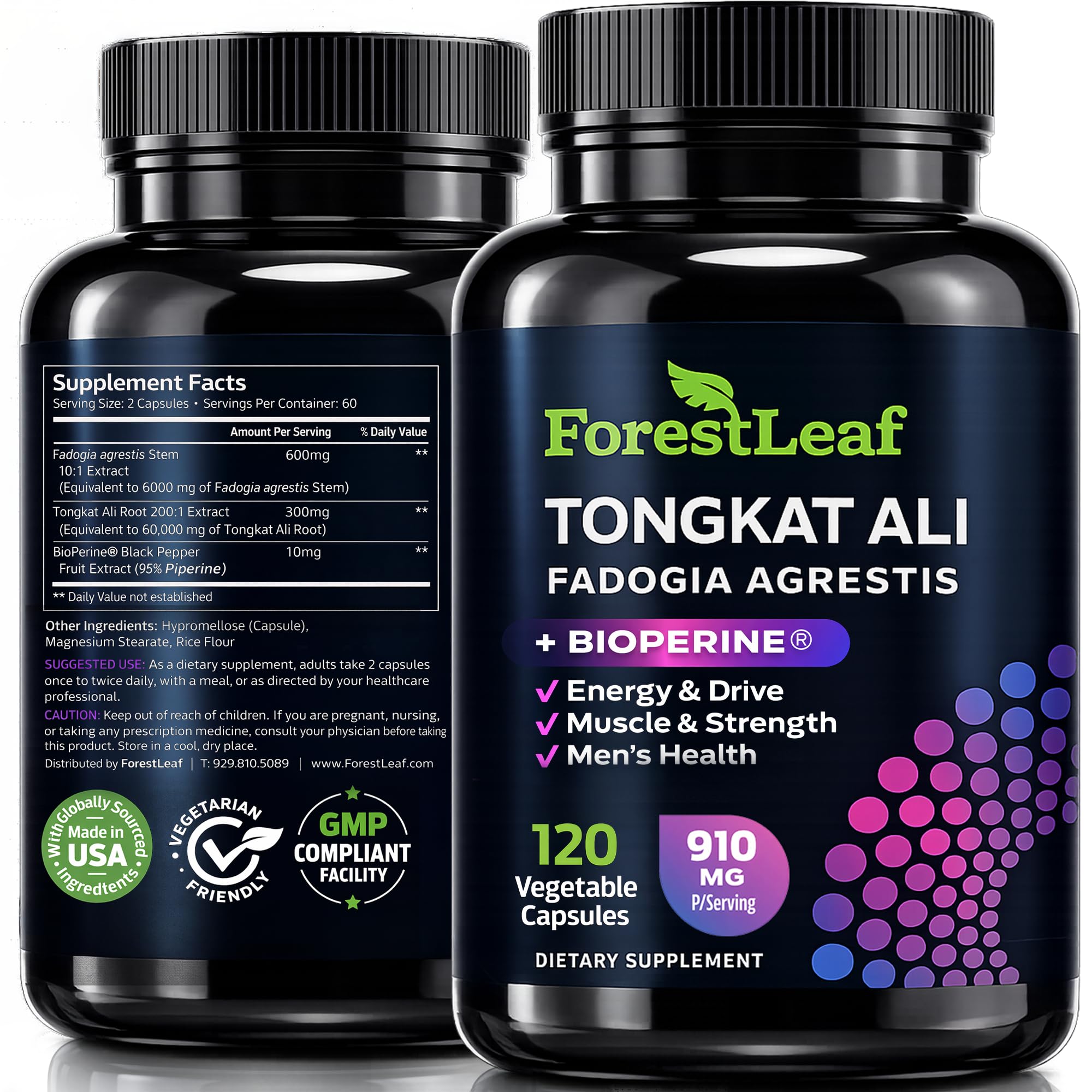 ForestLeaf Tonkat-Ali botella frontal, enfoque en producto y calidad