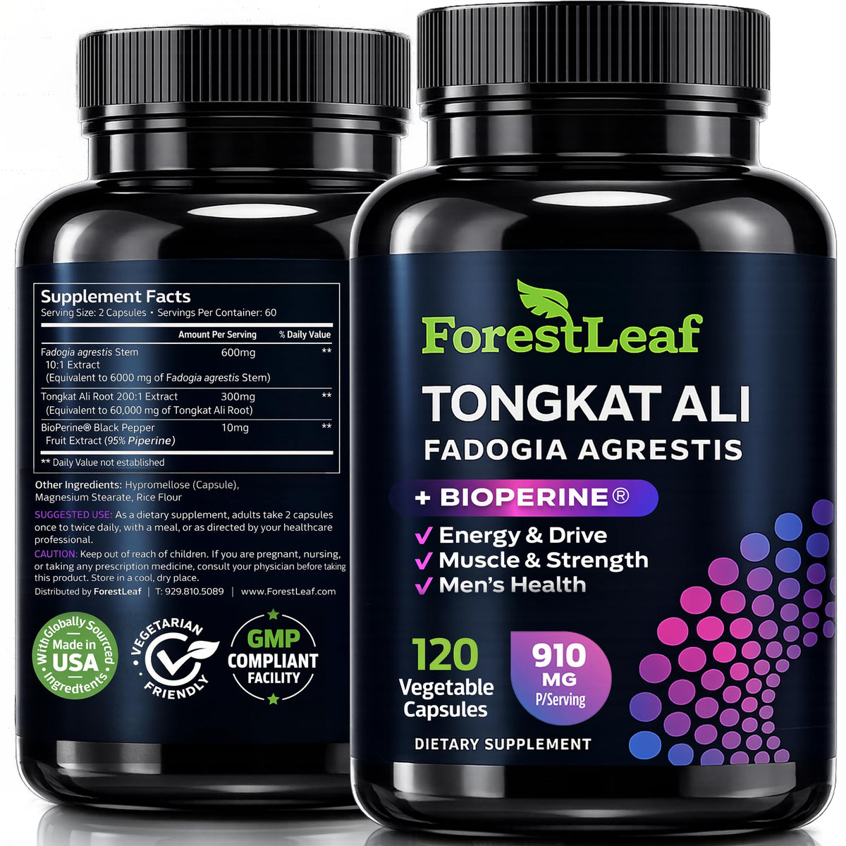 ForestLeaf Tonkat-Ali botella frontal, enfoque en producto y calidad