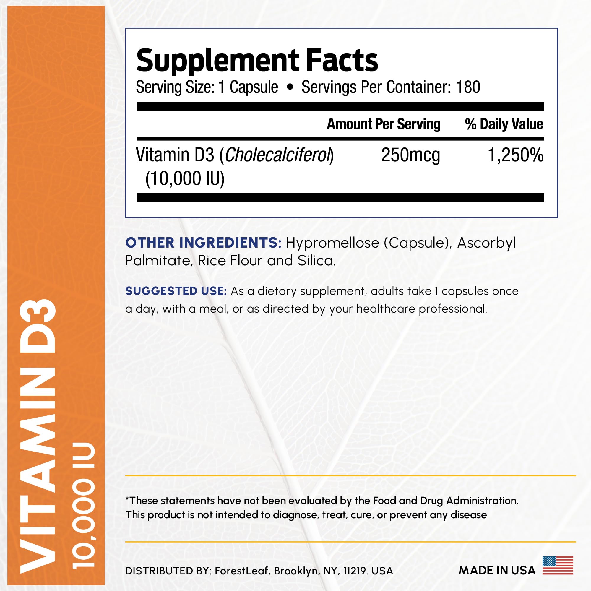 Cápsula vegetariana ForestLeaf Vitamina D3 10000 UI