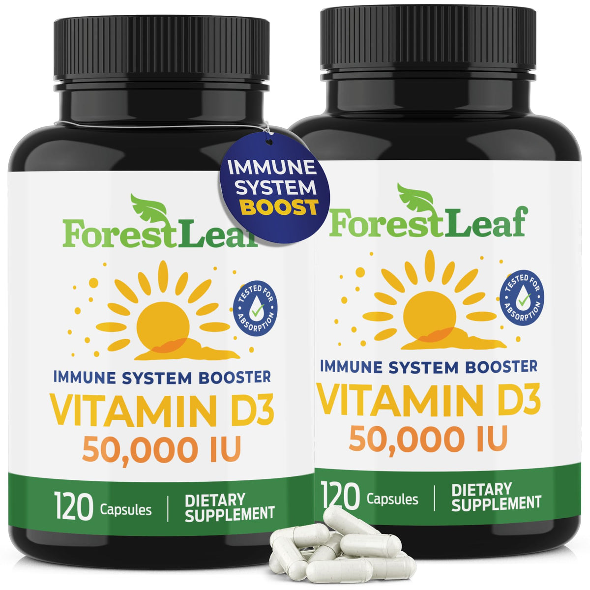 ForestLeaf Vitamina D3: frasco y cápsulas frente, posible apoyo para huesos y dientes