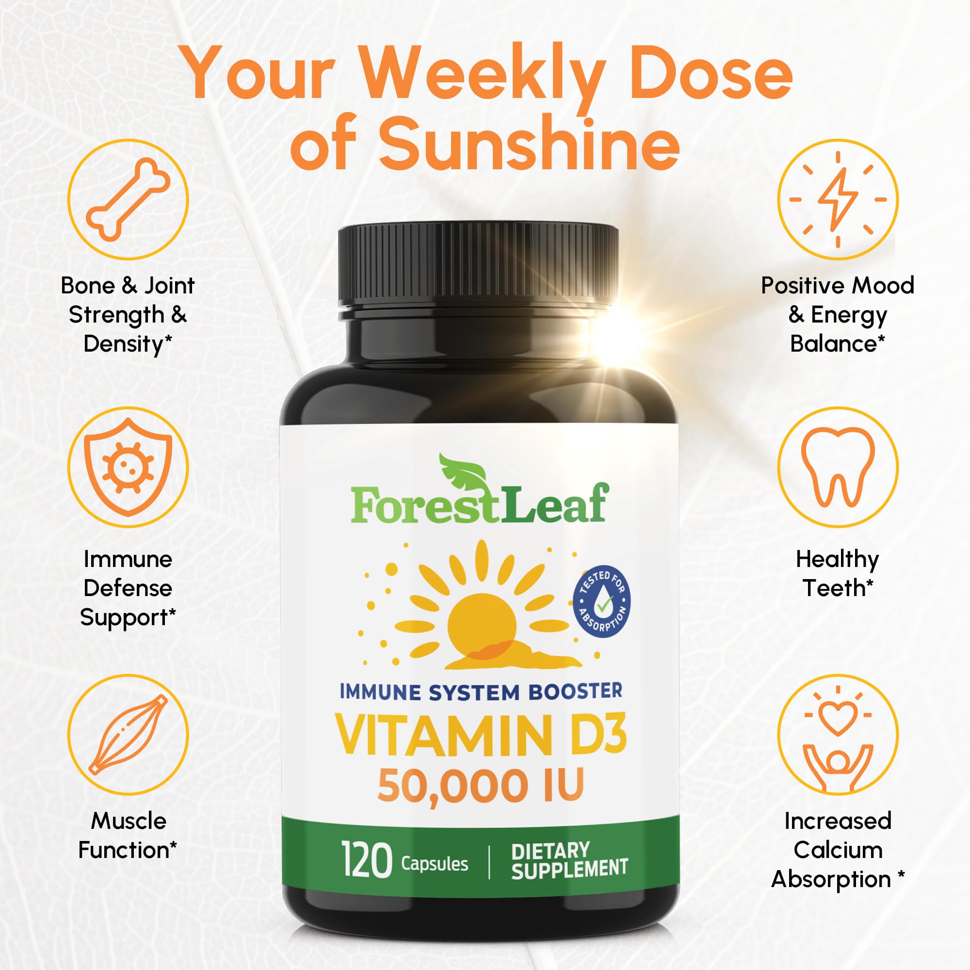 ForestLeaf Vitamina D3: primer plano de cápsulas fáciles de tragar