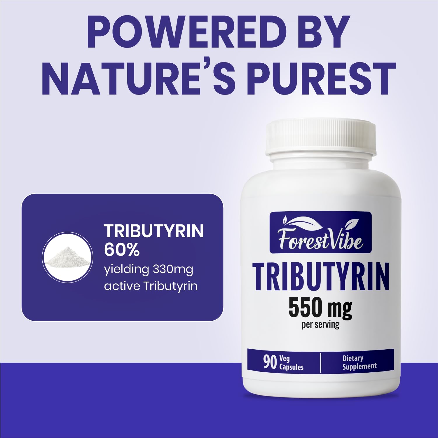ForestVibe Tributyrin: estandarización al 60% para 330 mg de tributirina activo por porción.
