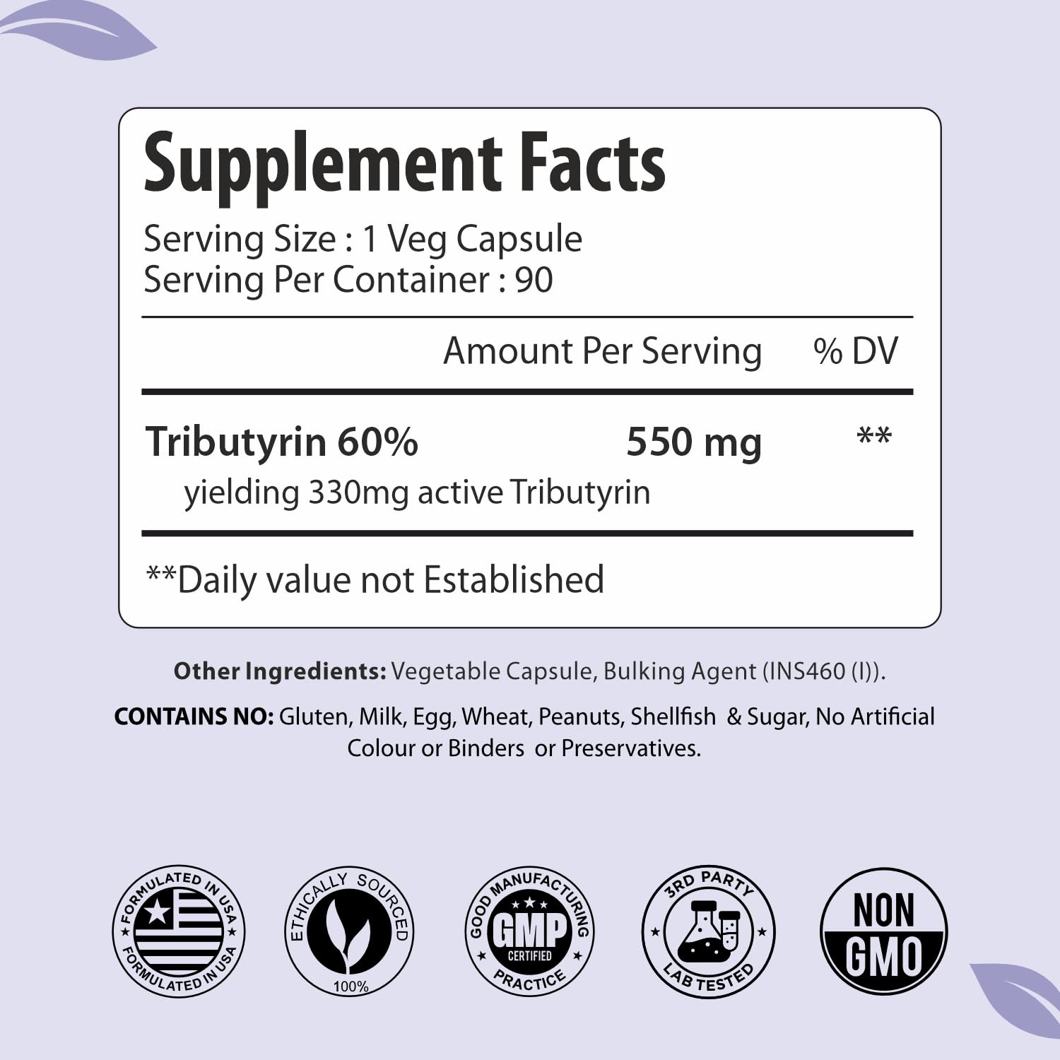ForestVibe Tributyrin: cápsula de 550 mg con 60% estandarizado para dosis consistente.