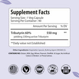 ForestVibe Tributyrin: cápsula de 550 mg con 60% estandarizado para dosis consistente.