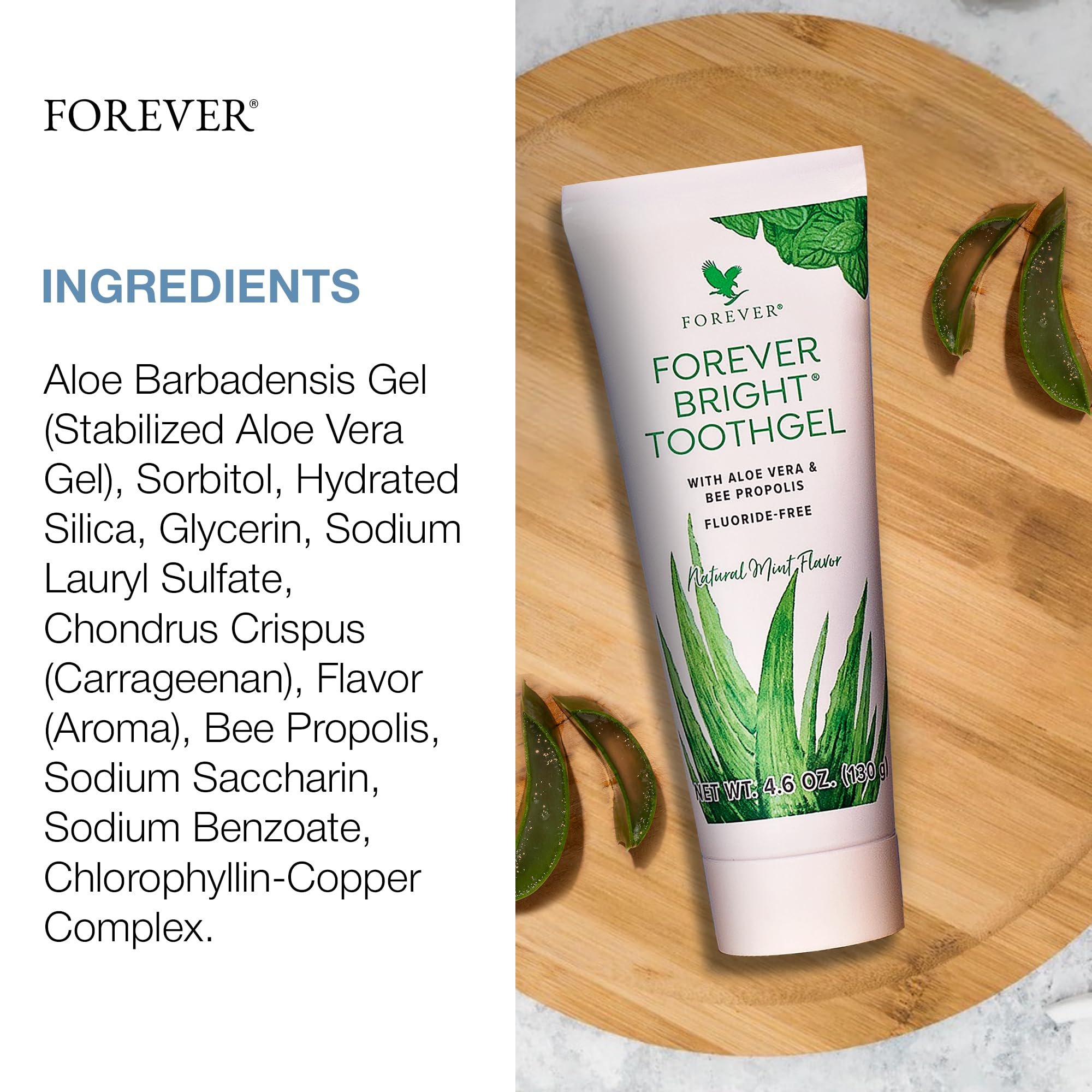Forever Living Bright Toothgel con propóleos y aloe, apoya encías saludables.