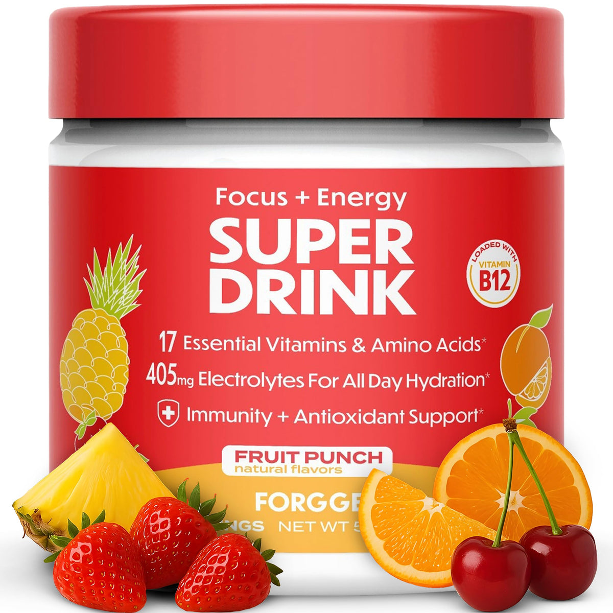 Forgge polv o energizante 5-en-1 para enfoque sostenido.