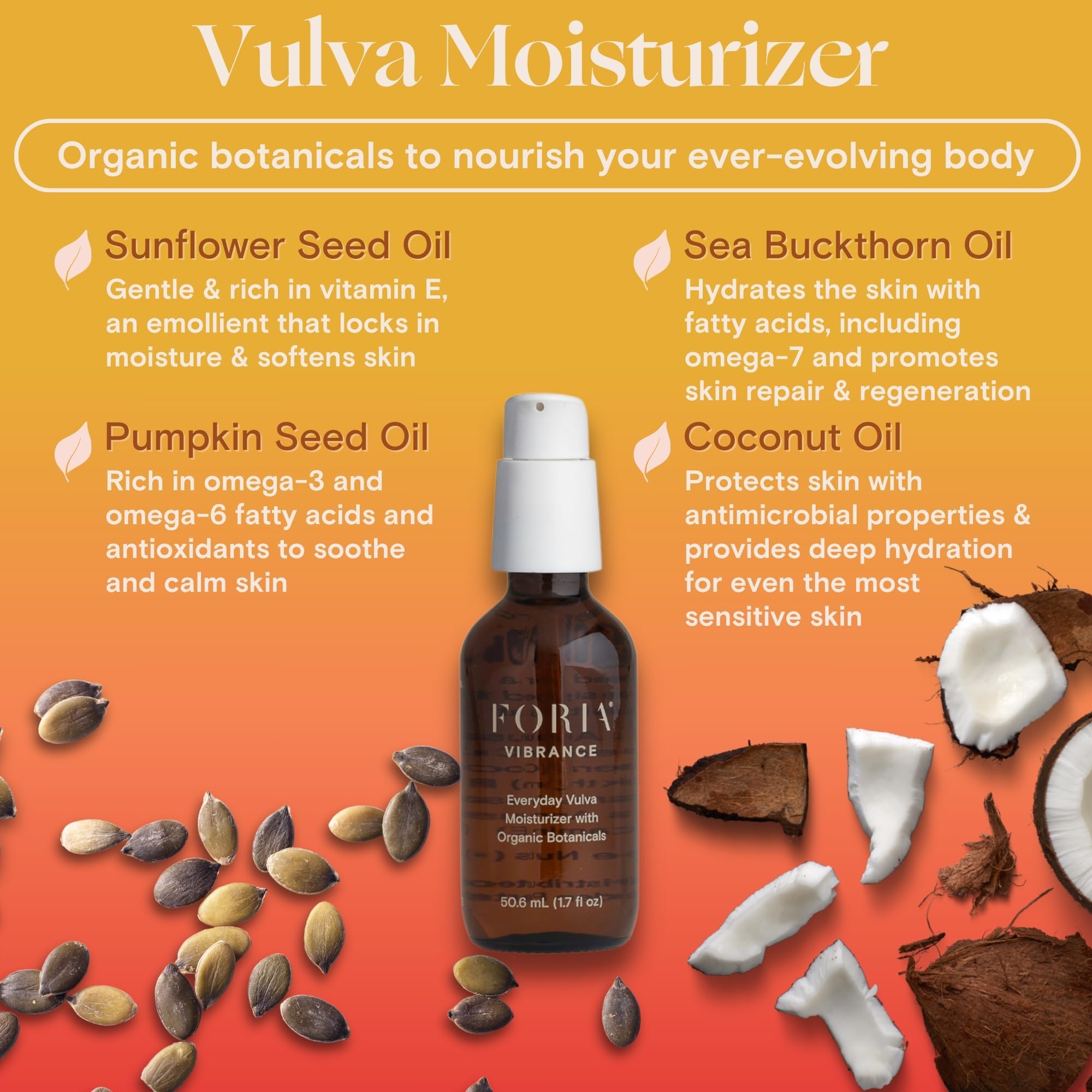 FORIA hidratante diario para vulva, ingredientes clave: espino amarillo y aceite de semilla de calabaza