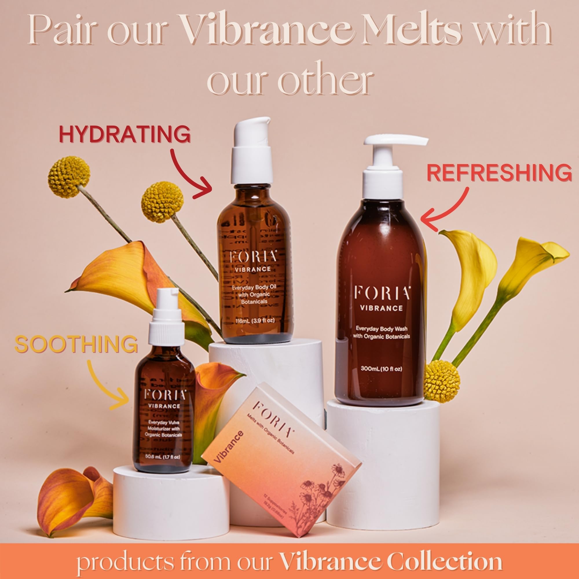 Almacenamiento refrigerado de FORIA Vibrance Melts para conservar calidad.